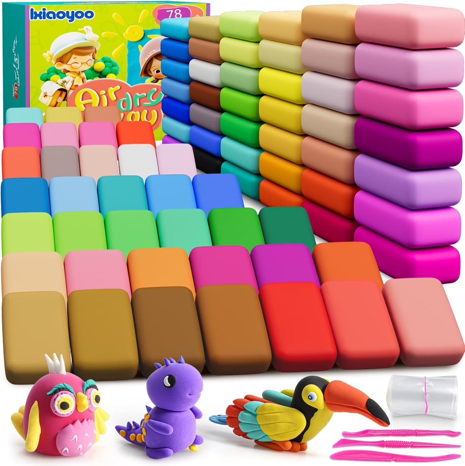 Ixiaoyoo Air Dry Clay Kit - 78 Colors Magic Clay, Molding Clay for Kids, Safe & Non-Toxic, Colorful DIY Clay, Great Gift for Boys & Girls