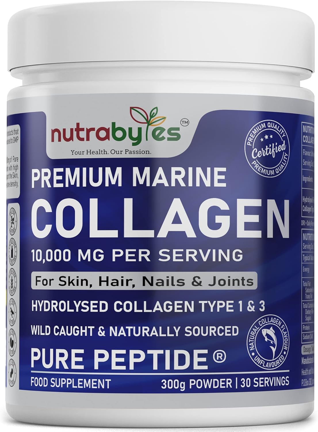 Marine Collagen Powder 10000mg Type 1 & 3 Unflavoured, Wild Caught Fish Hydrolysed Protein Peptides for Women & Men 19 Amino Acids, Kosher and Halal Certified - Healthy Skin Hair Nails Joints Gut