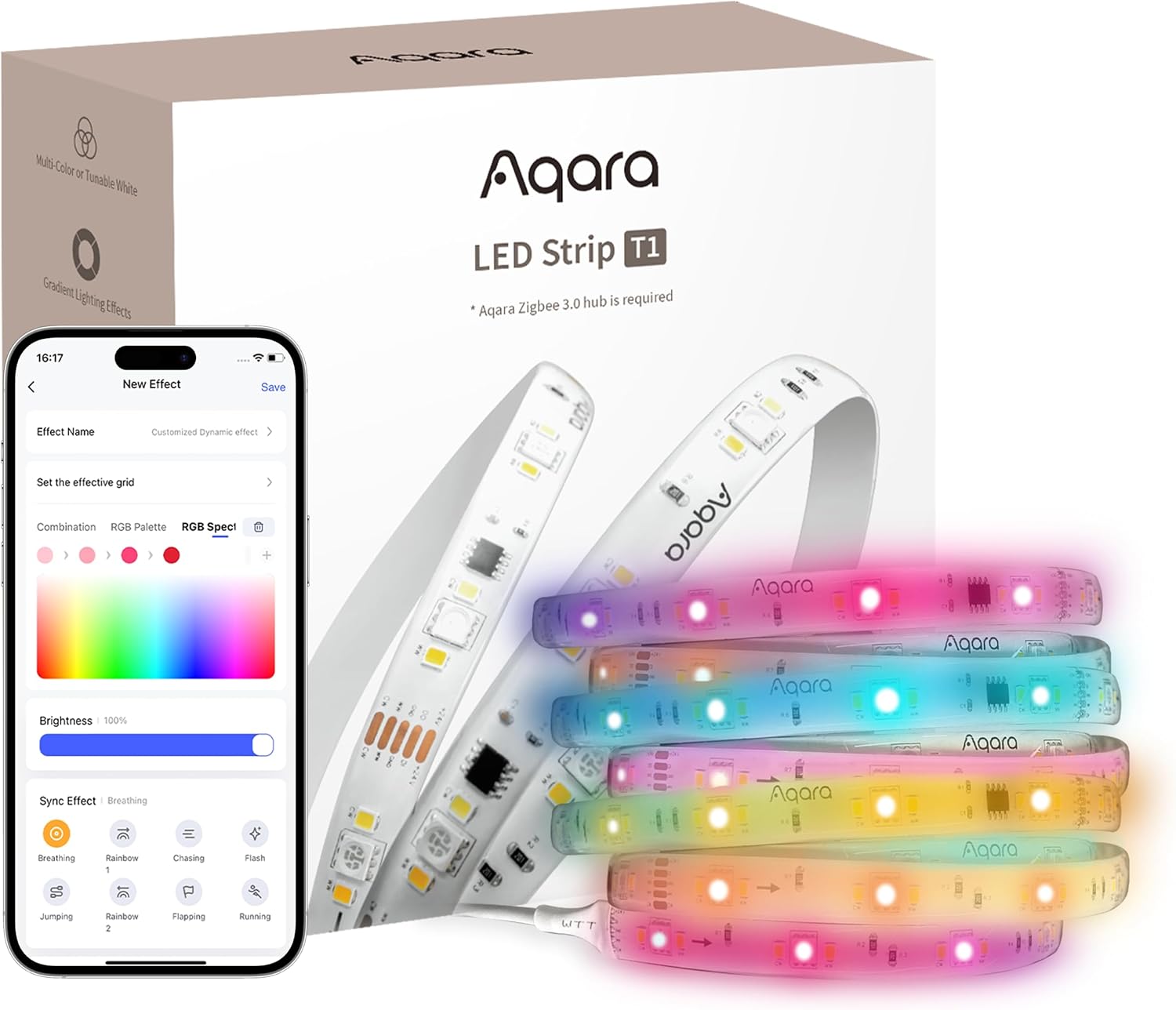 Aqara LED Strip T1, Matter Over Bridge, Requires Zigbee 3.0 HUB, 2M RGB + IC LED Strip Lights with 16 Million Colors/Tunable White/Gradient Effects, Supports Apple Home, Google Home and Alexa