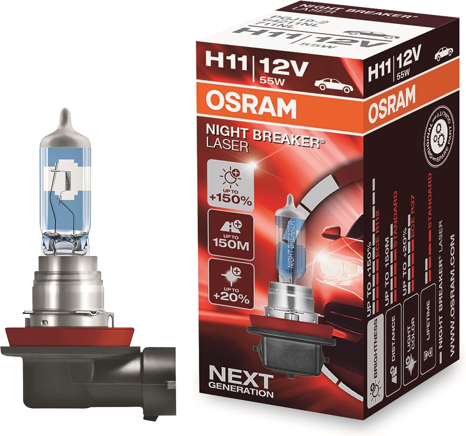OSRAM NIGHT BREAKER LASER H11, +150% more brightness, halogen headlight lamp, 64211NL, 12V, folding box (1 lamp)