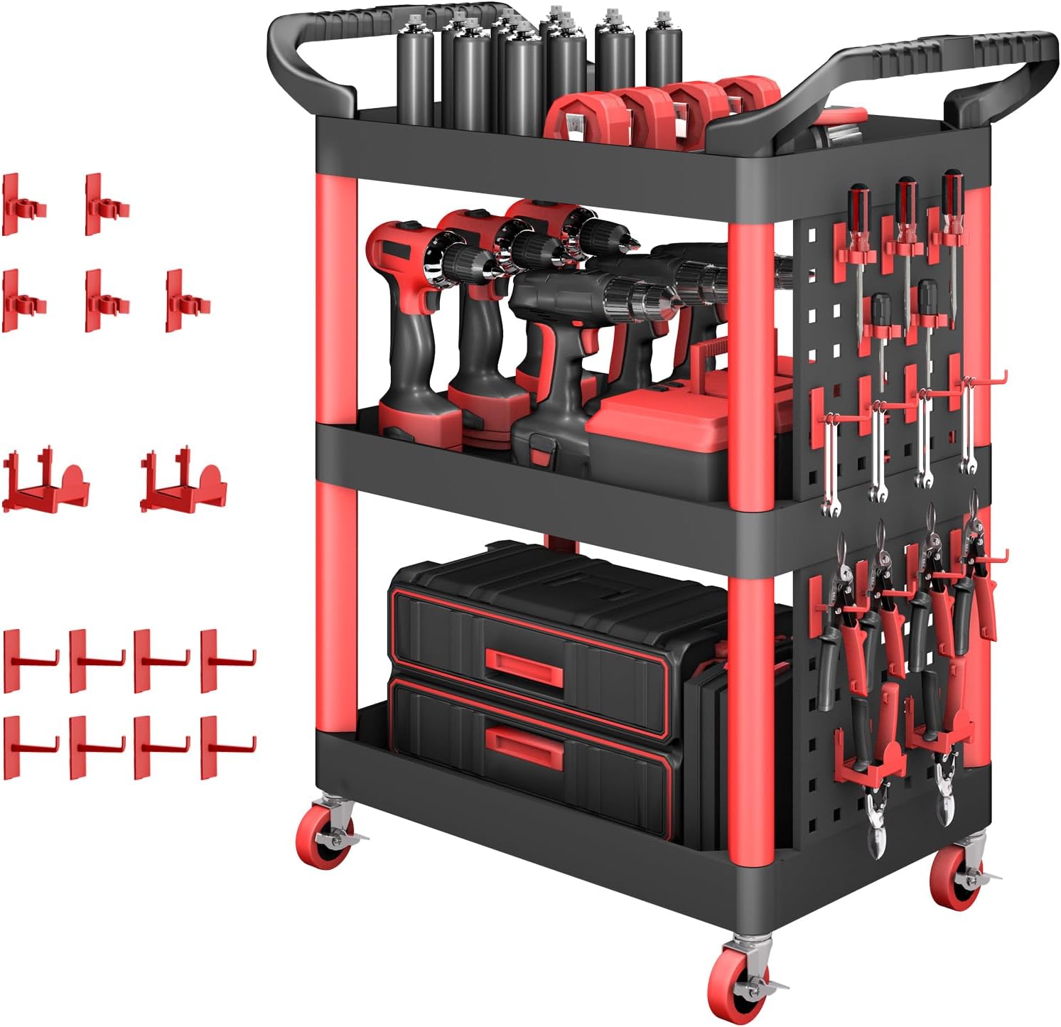 AIRAJ Rolling Utility Cart | 3-Tier Utility Cart on Wheels | Mechanic Rolling Tool Cart on Wheels | Detailing Carts | Work Carts for Garages,Warehouses,Repair Shops | with Pegboard | 440 Lbs