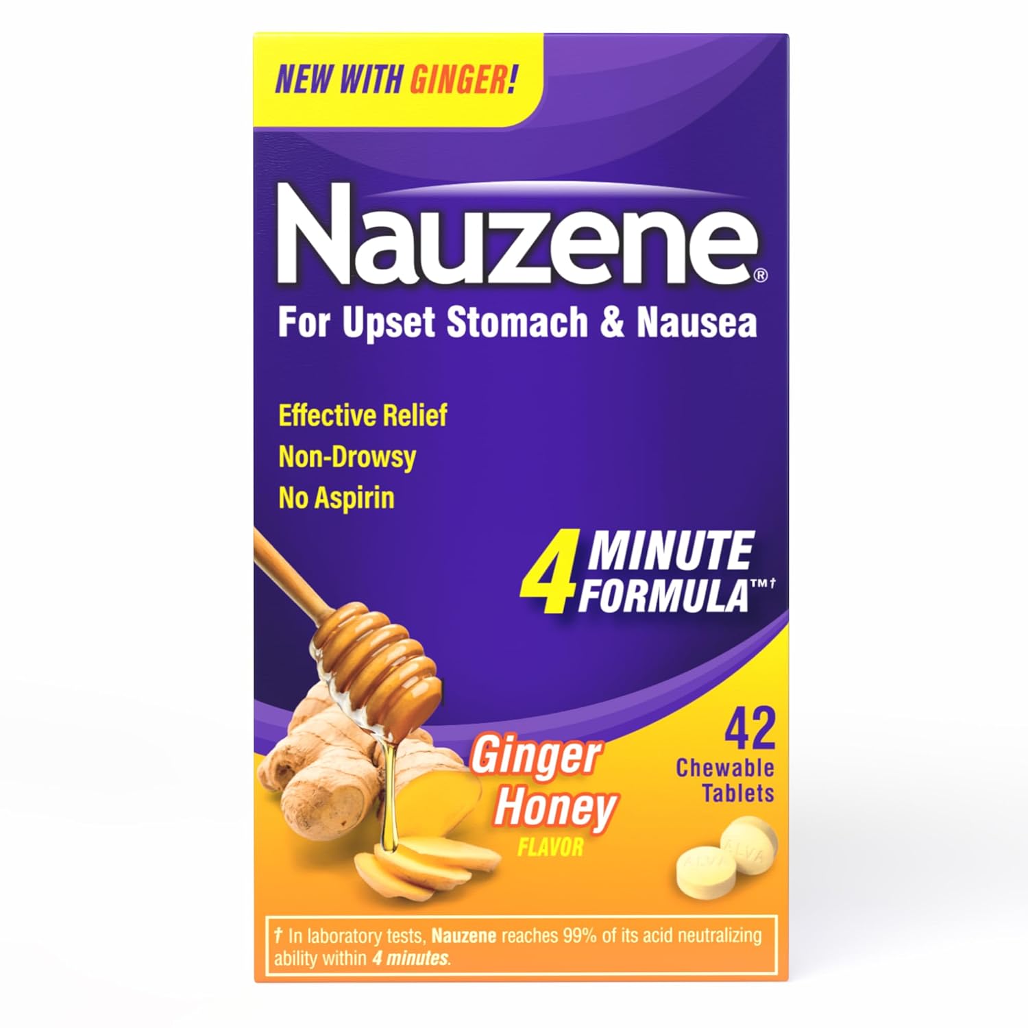 Nauzene Upset Stomach & Nausea Relief with Ginger, Relief in 4 Minutes, Ginger Honey Flavor Chews, 42 ct