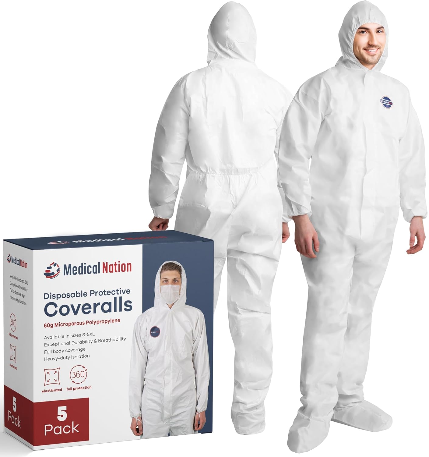 Hazmat Suits Disposable | 5 Pack, Large | Protective Coveralls with Attached Hood and Boots | Heavy Duty Full Body Painters Suit for Adults - Breathable & Water Resistant | Large