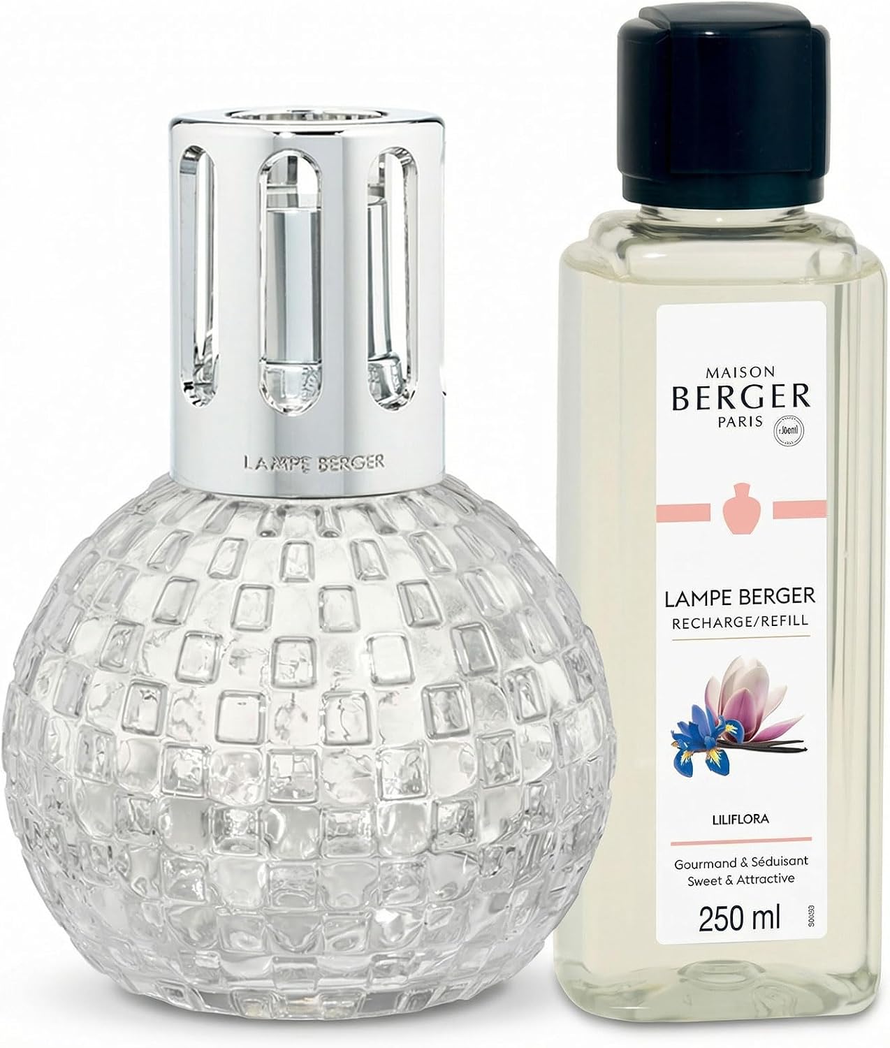 MAISON BERGER – Disco Lamp Gift Set – Checkerboard Round Catalytic Home Fragrance Diffuser with 250 mL / 8.45 fl oz Refill – Odor Neutralizing Lamp – Made in France (Transparent - Liliflora)