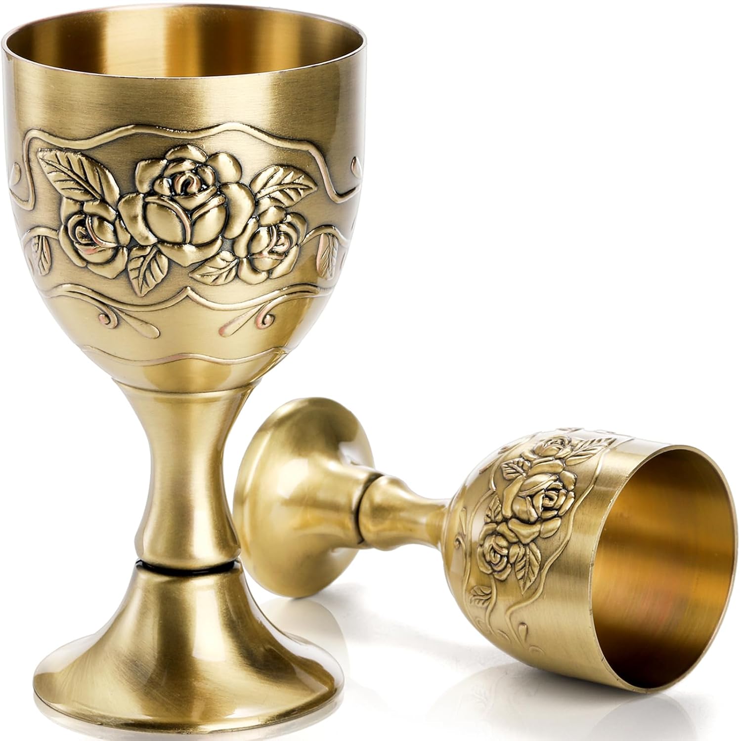 DEAYOU 2 Pack Vintage Chalice Goblet, Flower Embossed Gold Communion Cup, Food Safe Sturdy Brass Shot Wine Glass for Liquor, Ritual, Buddha, Altar, Wedding, Blessing, Royal Medieval Decor, 5 OZ/1 OZ