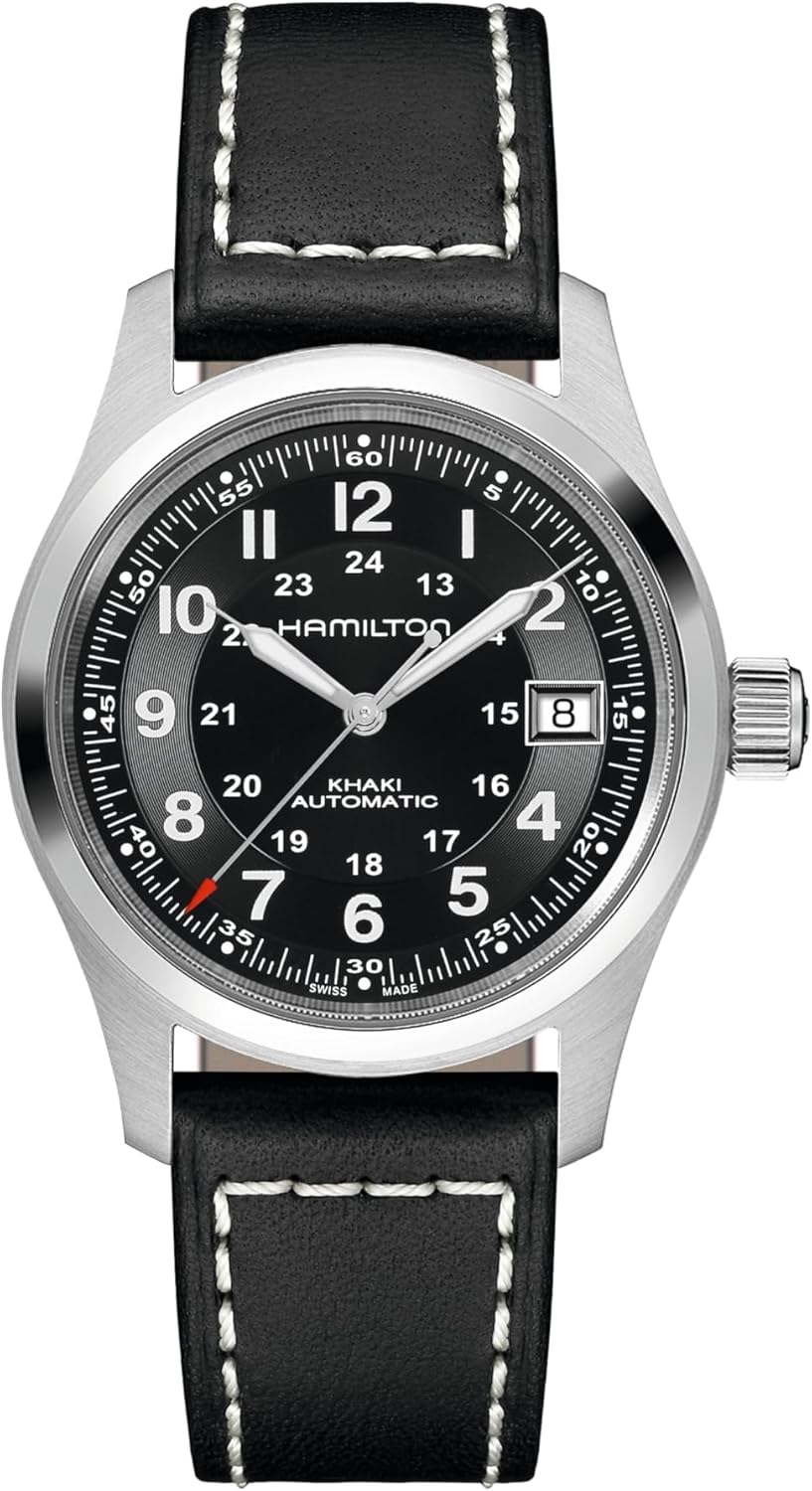 Hamilton Watch Khaki Field Auto | Swiss Made | 38mm Stainless Steel Case | Black Dial Analog Watch | Leather Strap (Model: H70455733)
