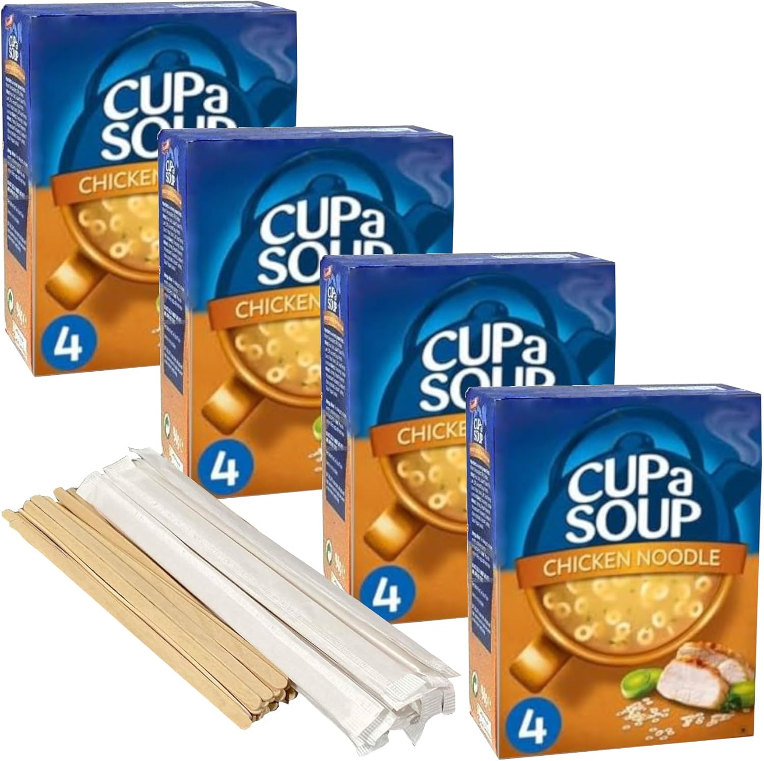 Chicken Noodle Instant Cup Soup - 16 Sachets Bundle - with 4 x Boxes of Delicious Chicken Noodle Cup a Soup - Quick & Easy Comfort Food. Includes 16 x Individually Wrapped Stirrers