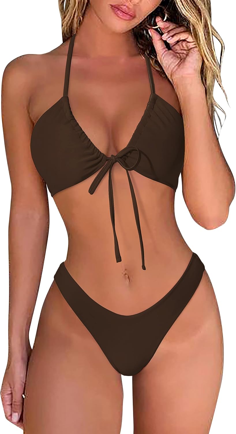 RXRXCOCO Women's Bikini Sets Halter Push Up Triangle Bikini Bow Tie Back Low Waisted Sexy Thong Bikini Swimsuits for Women 2 Pieces