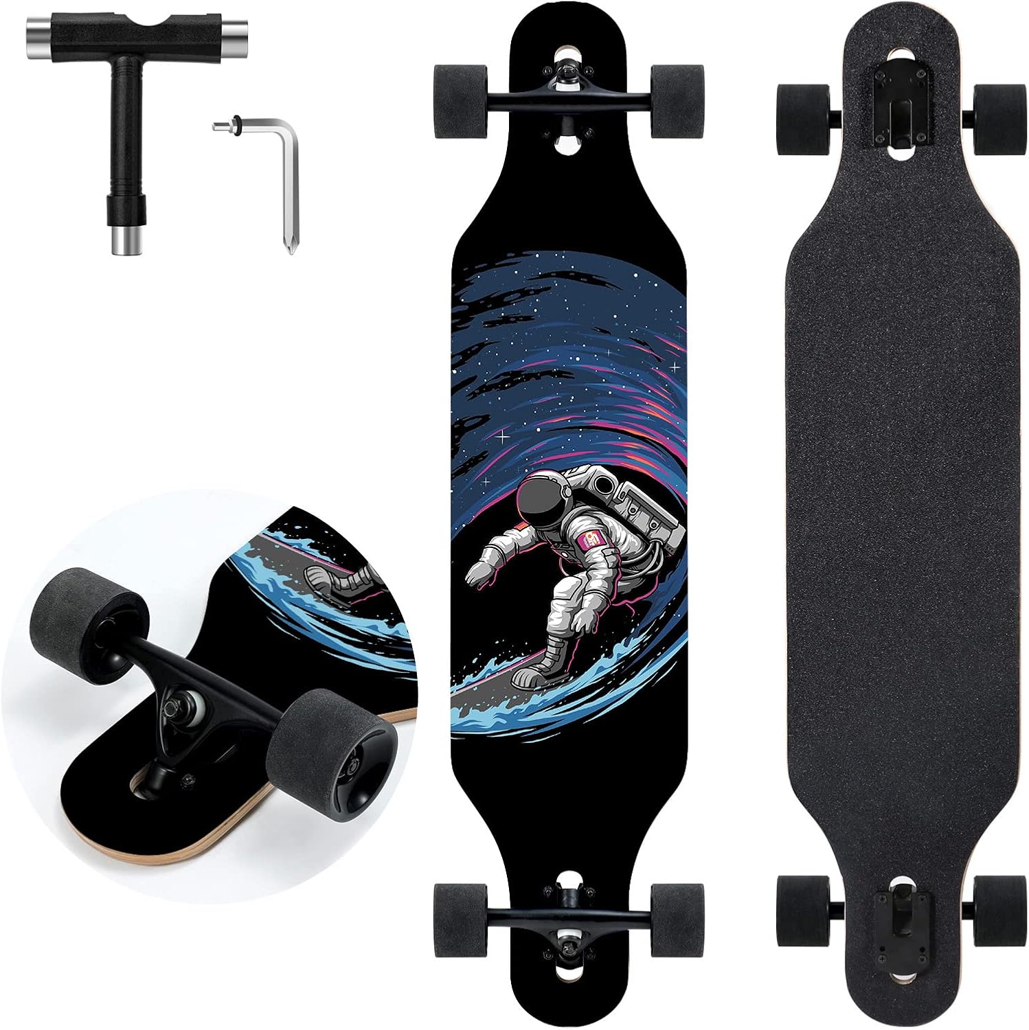 Longboard Skateboard, 41 Inch Drop Through Longboard Complete 9-Ply Nature Maple Premium Cruiser Long Board for Adults, Teens and Kids - High-Speed Bearings & T-Tool