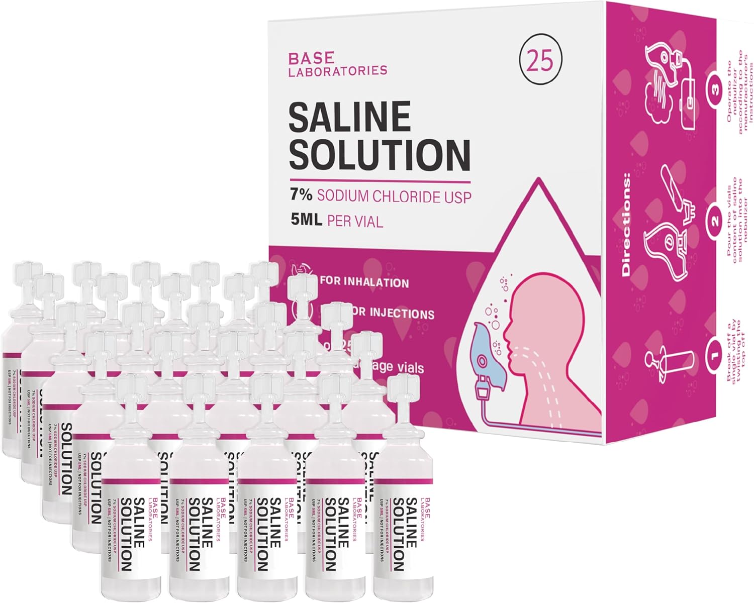 BASE LABORATORIES 7% Saline Solution for Nebulizer Machine | Saline Solution for Inhalation & Nasal Irrigation | High 7% Concentration l 25 Vials 5ml Unit Dose