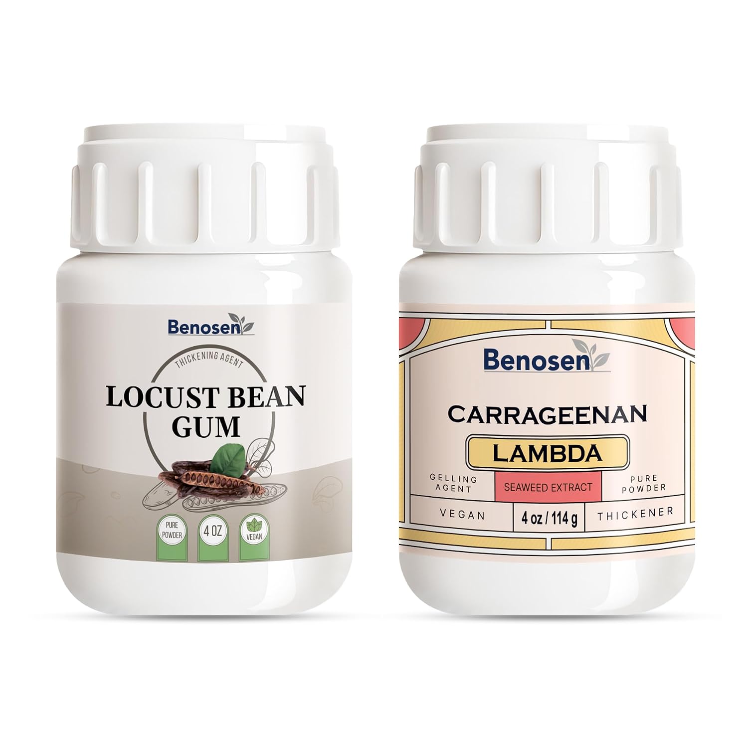 Benosen Ice-Cream Stabilizer Duo – Locust Bean Gum 4 oz + Carrageenan Lambda 4 oz | Smooth Scoopable Texture for Ice Cream Gelato Soft Serve Shakes | Vegan Dairy Friendly | Helps Reduce Ice Crystals &