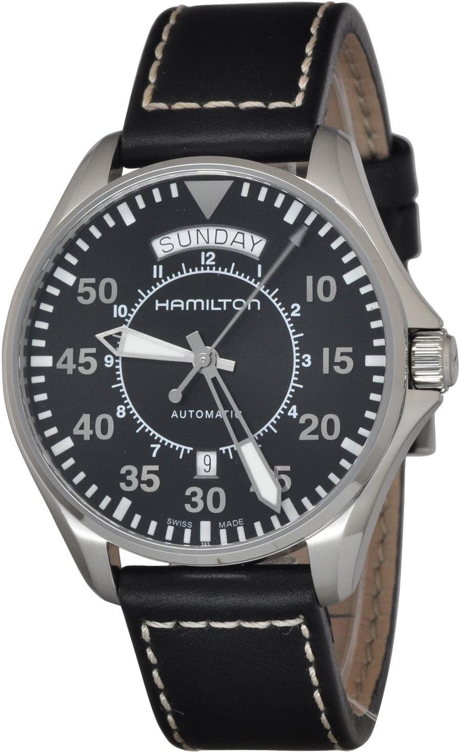 Hamilton Watch Khaki Aviation Pilot Day Date Auto | Swiss Made | 42mm Stainless Steel Case | Black Dial Analog Watch | Black Leather Strap (Model: H64615735)