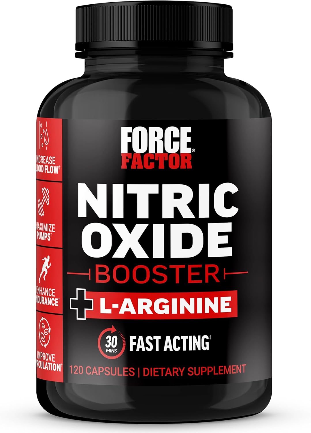 FORCE FACTOR Nitric Oxide Booster, Fast-Acting Formula with L-Arginine, Boosts Nitric Oxide Levels, Maximize Muscle Pumps, Enhance Endurance, Improve Circulation, 120 Capsules