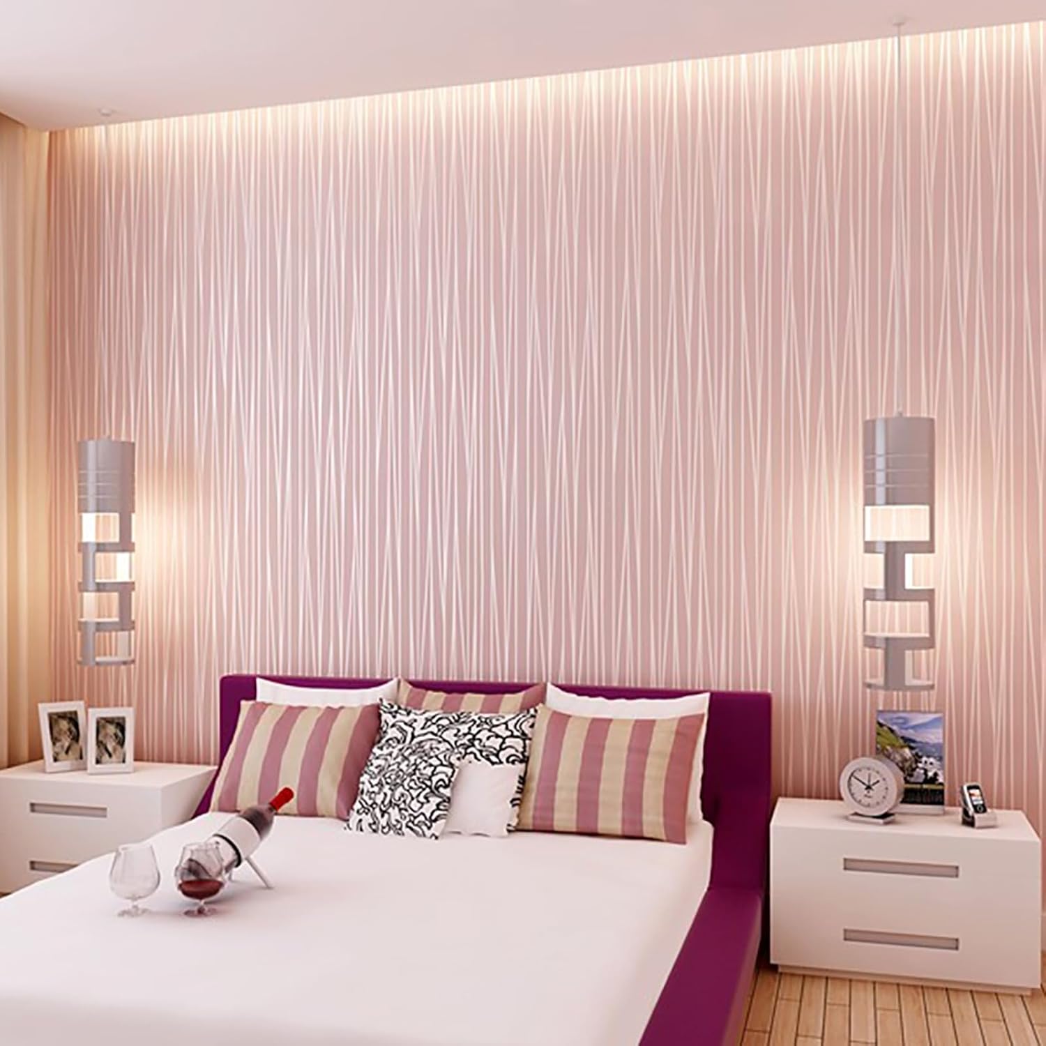 Trafagala 53 * 950cm Blush Pink Modern Minimalist Non-Woven 3D Wallpaper Roll Glitter Metallic Stripe Textured Flocking Striped Wallcoverings for Bedroom Living Room TV Backdrop Hallway Hall