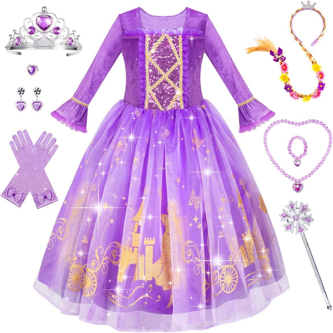 MELAND Princess Costumes for Girls, Purple Princess Dress up for Girls Age 3 to 10, Fancy Dress for Kids & Toddlers Halloween Costumes
