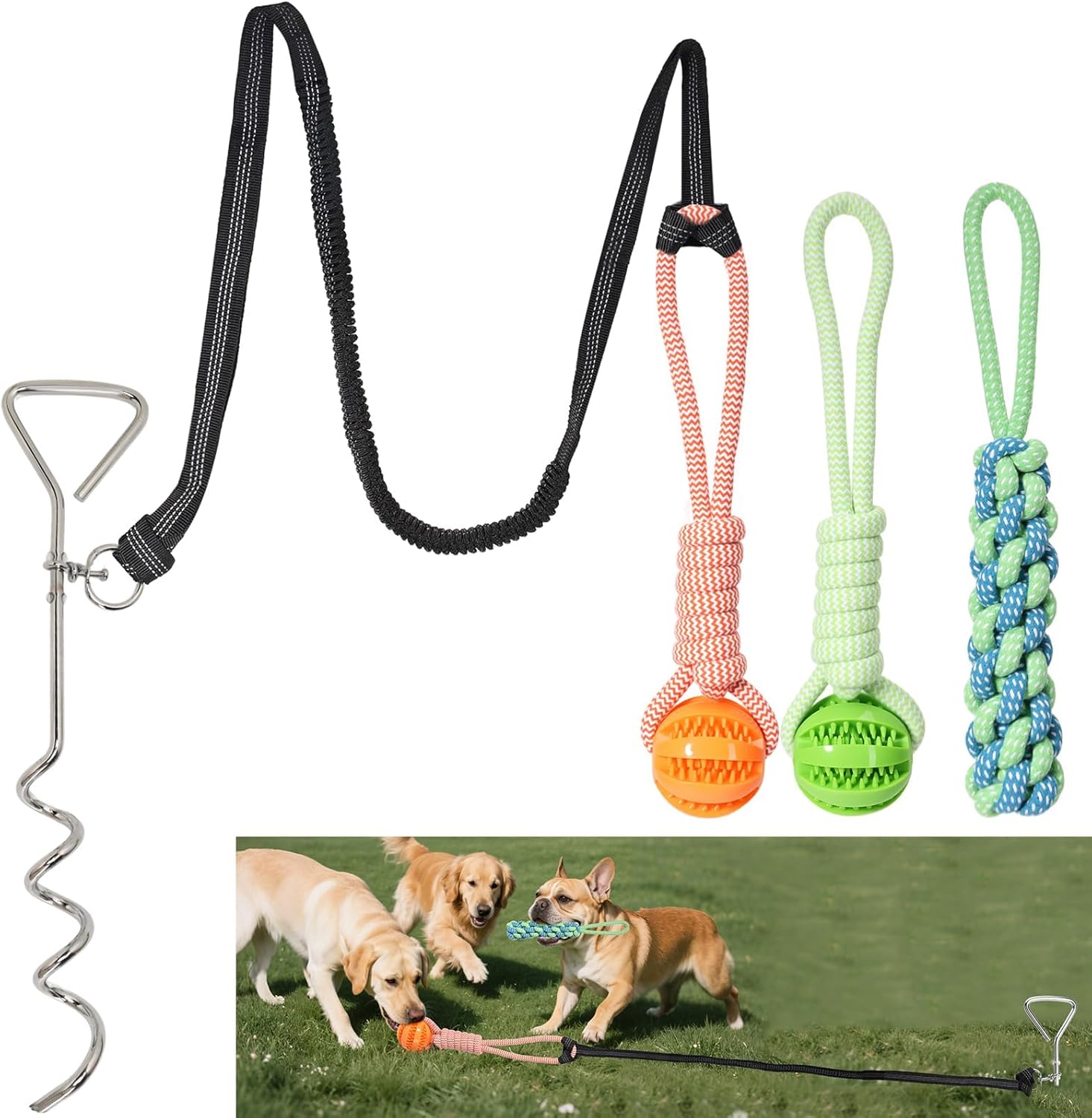 Bungee Tether Tug Outdoor Dog Toy for Dogs, Dog Tug of War Toy with Stake, 2 Puzzle Balls, Cotton Stick Toys, Outdoor Interactive Dog Toys for Lawns &Trees, Tug of War Dog Toy for Multi-Pet Households