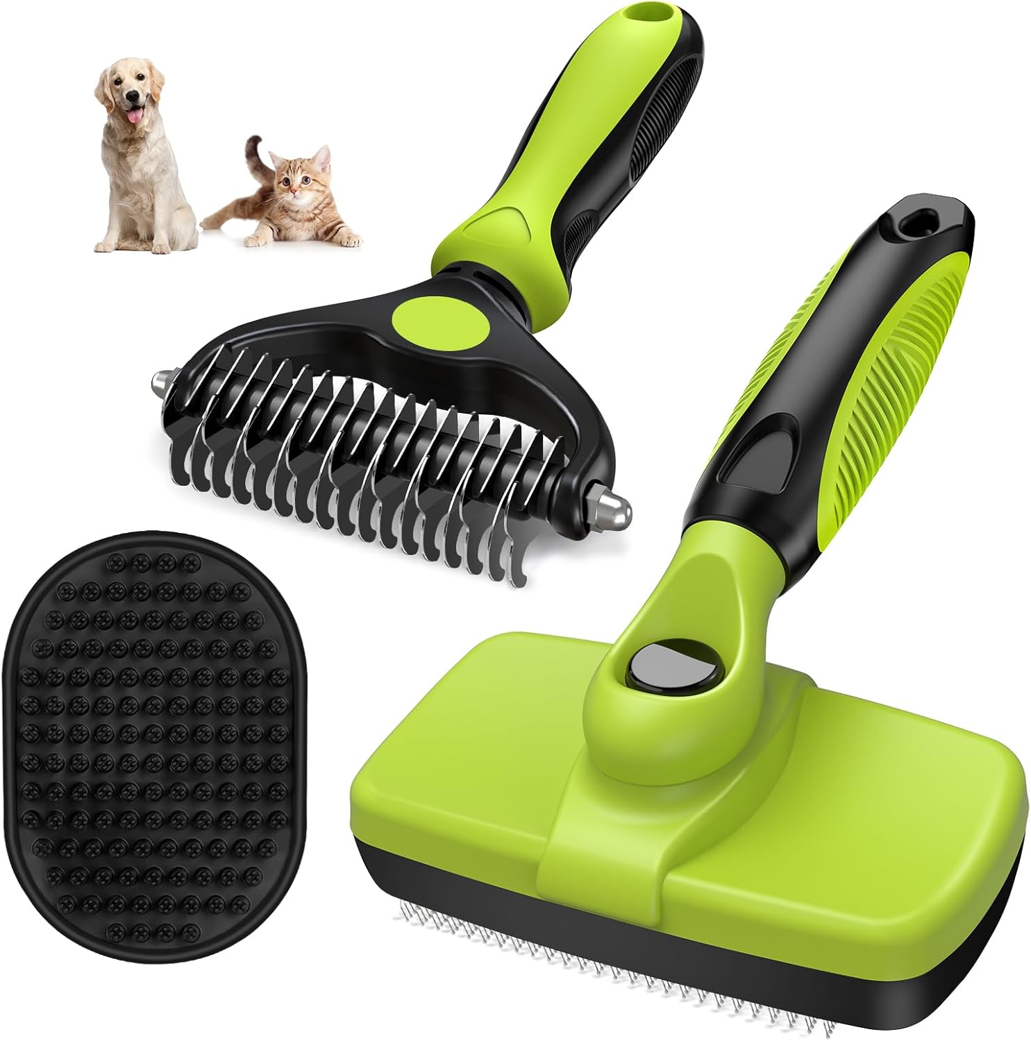 3PCS Dog Brush for Sheding | Self Cleaning Slicker Brush&Pet Grooming Rake | Skin Friendly Deshedding Grooming Tool & Double-Sided Dematting Tool for Dogs and Cats | Premium Pet Supplies (Green Black)