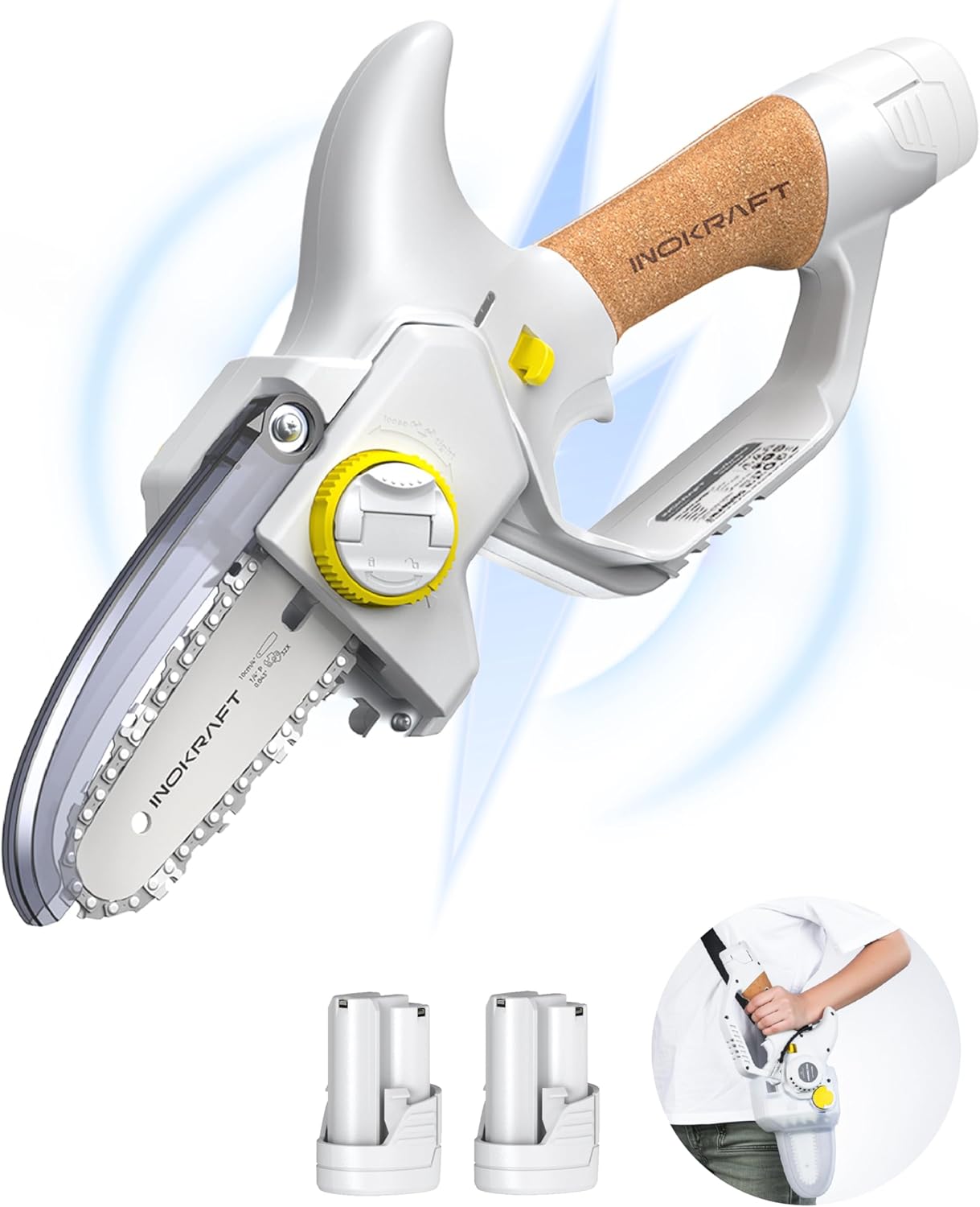 InoKraft Brushless 4" Cordless Mini Chainsaw, Portable Handheld Design for Tree Trimmer, Courtyard and Garden, with 2 Battery and Charger