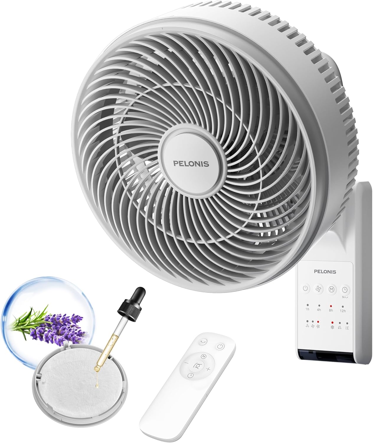 PELONIS 9 inch Wall Mount Fan with Remote Control, Osicllating Fan with 26ft Powerful Airflow, 3 Speed & 3 Modes, Auto 90° Horizontal & 68° Vertical Tilt, Indoor, 36dB, Ideal for Home, Garage, Gym