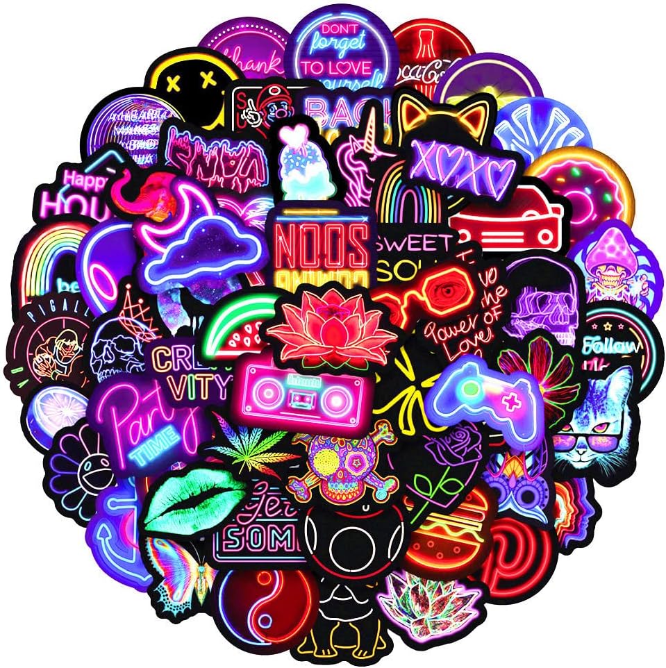 Sun Awesome Pack of 100 Cute Kawaii Anime Vinyl Stickers for Car Laptop Children Teenagers Adults (Neon Pattern)