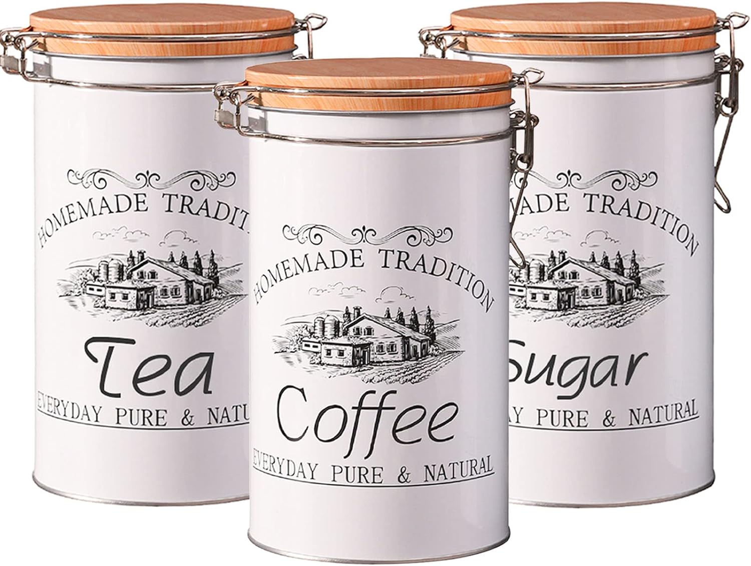 Danmu Art - 1000ml Tea Coffee Sugar Canisters Set of 3 - Kitchen Food Storage Steel Jar - With Rubber Ring Airtight Lids - 35OZ - White
