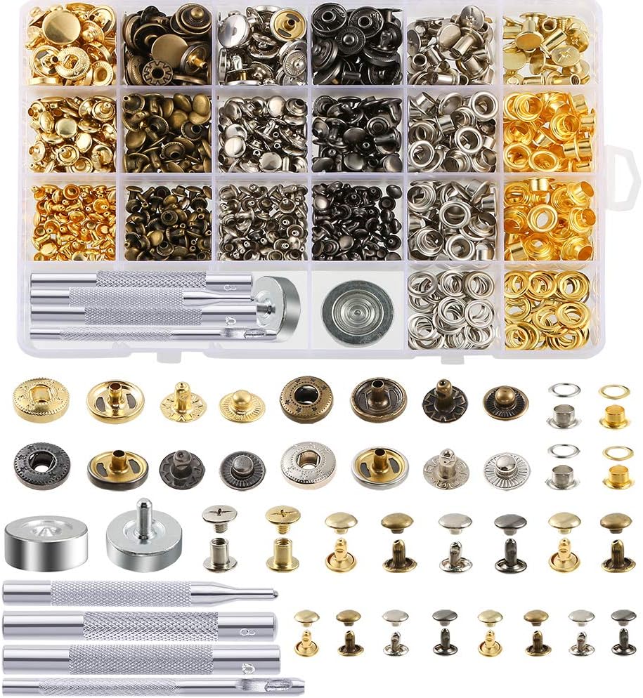 Caydo 400 Set 4 Style Snap Fasteners Kit Including Leather Rivets, Eyelets, Grommets, Binding Screws, Snap Buttons Press Studs kit with Fixing Tools for Thin Leather, Jacket, Jeans Wear