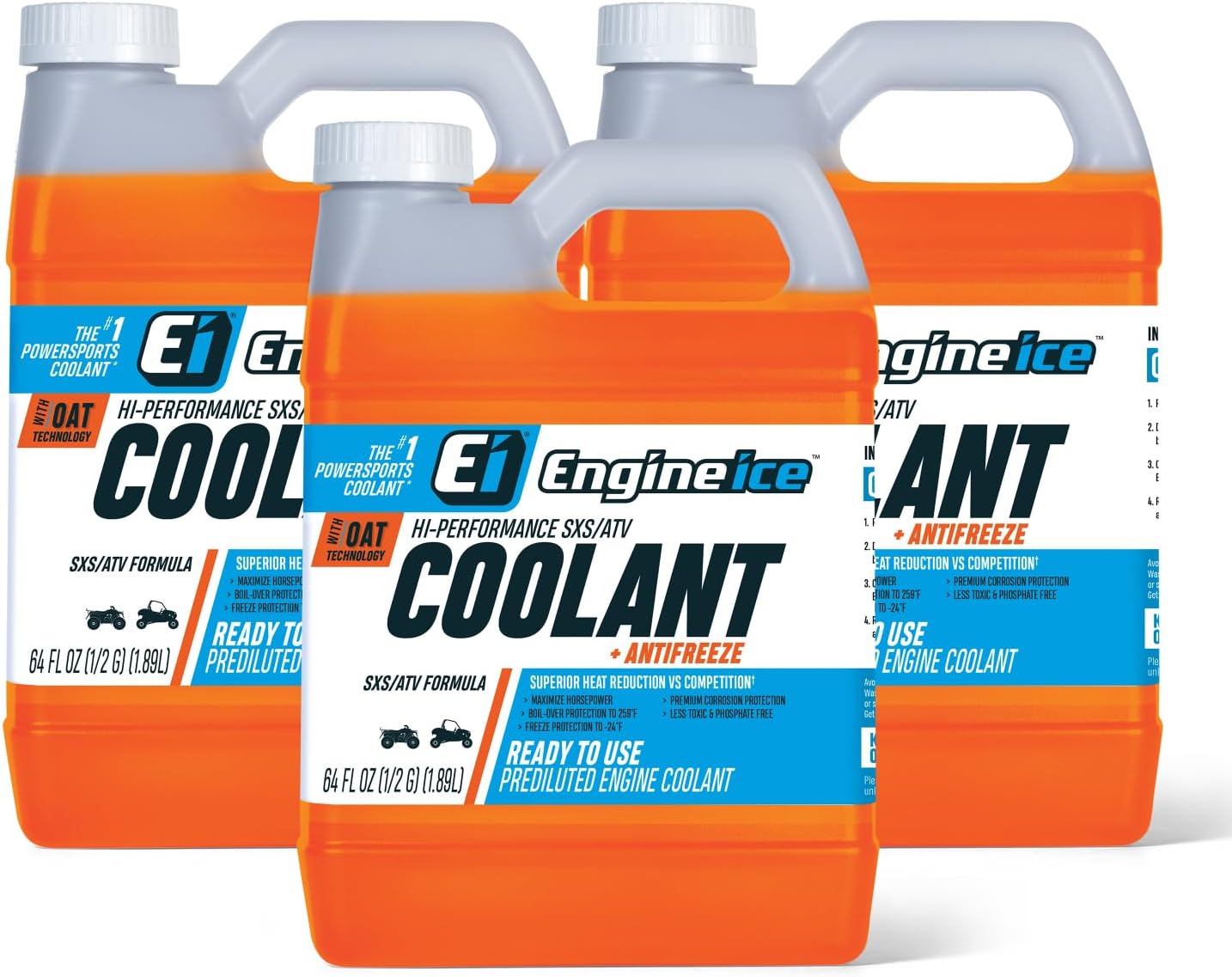 Engine Ice Hi-Performance SXS/ATV Coolant & Antifreeze, Orange, 0.5 Gallon - Optimal Cooling, Phosphate Free, Ready-to-Use for UTVs & ATVs (3 Pack)