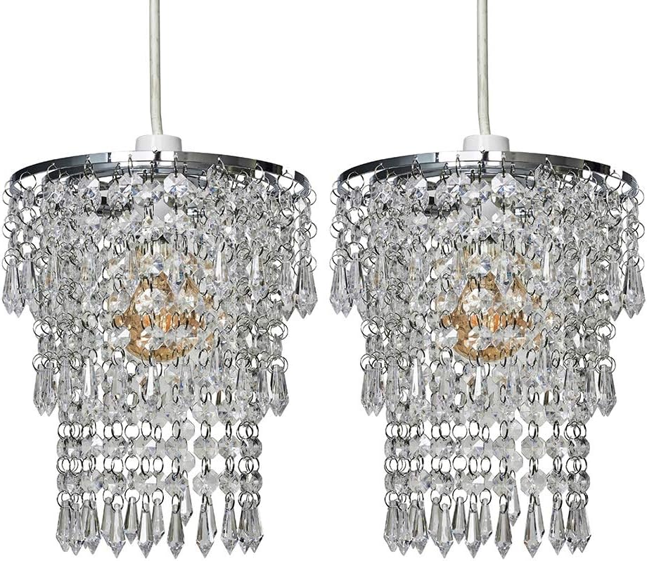 MiniSun | Modern Chrome Chandeliers with Clear Acrylic Jewel Droplets | Pendant Lights, Home Décor & Improvement Essential | Set of 2 | 200mm Shade Width
