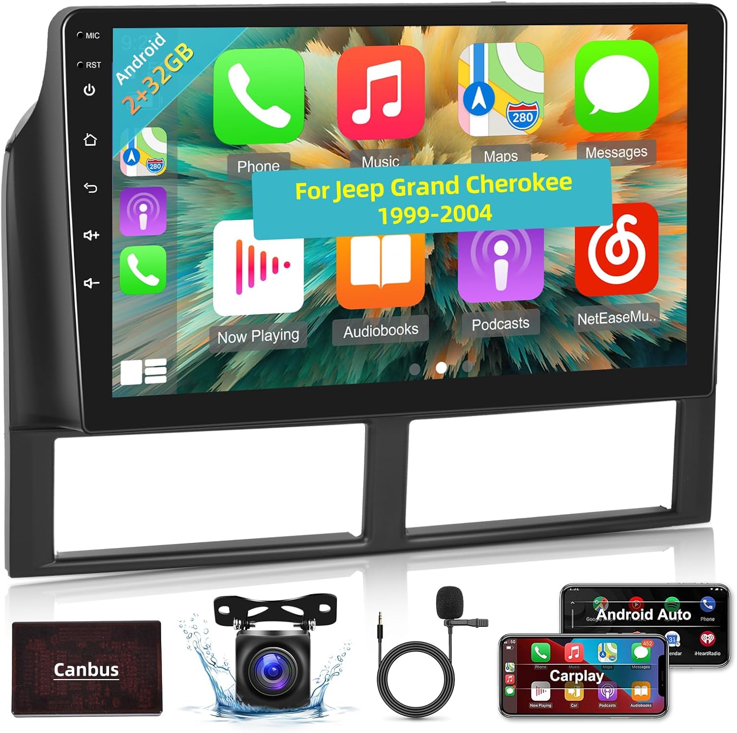 Wireless Apple Carplay Android Car Radio for Jeep Grand Cherokee 1999-2004, 2+32G 9 Inch Touchscreen with Android Auto/Multiple UI/DSP/GPS/WiFi + AHD Backup Camera