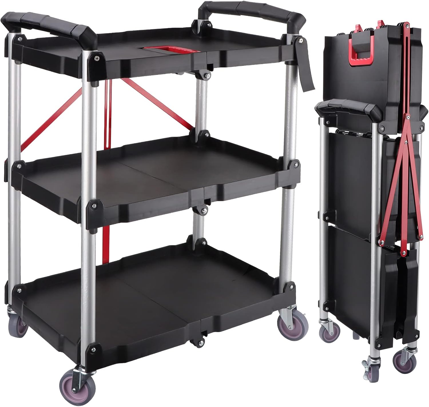 EBANKU 3-Tier Service Carts with Wheels, Foldable Rolling Cart with Locking Wheels Heavy Duty Kitchen Storage Shelves Garage Shelving Unit for Warehouse Storage, Garage, Cleaning