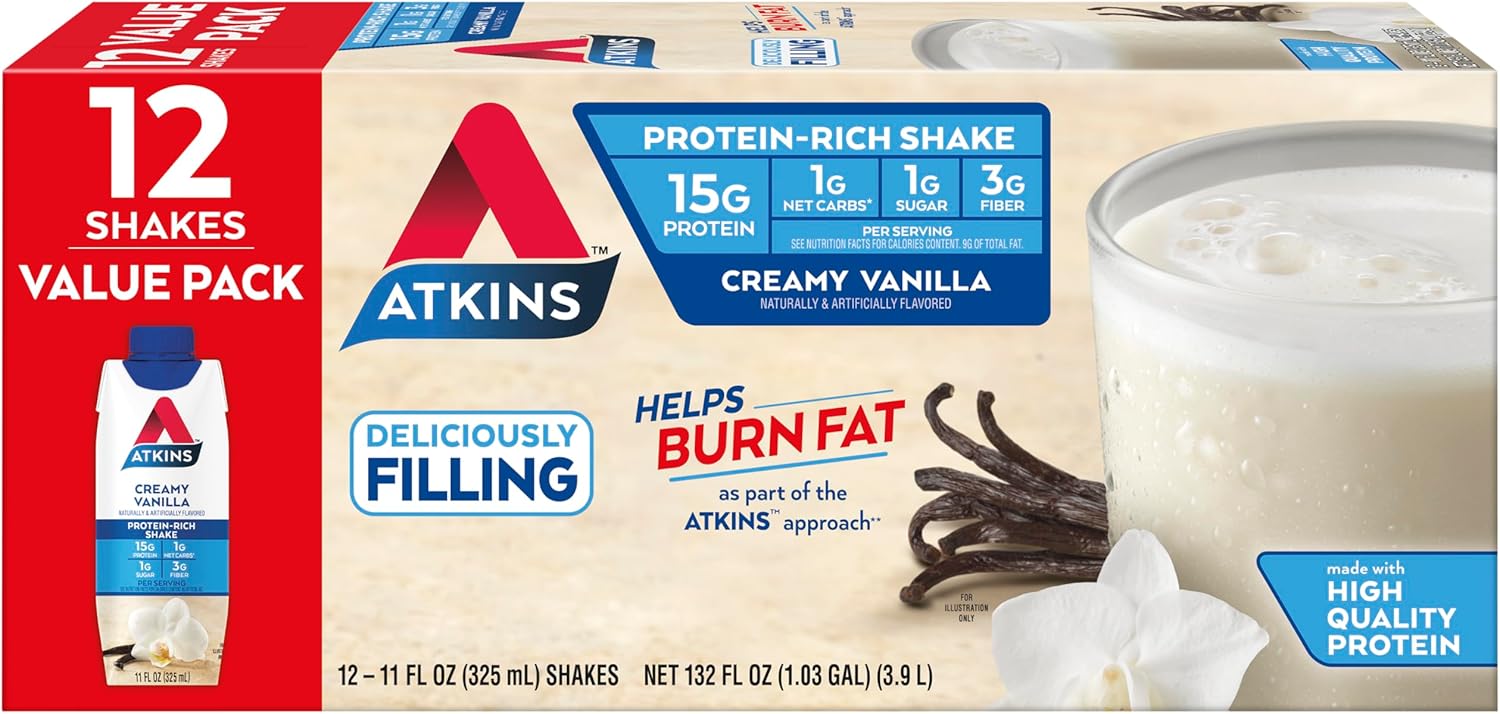 Atkins Creamy Vanilla Protein Shake, 15g Protein, Low Glycemic, 2g Net Carb, 1g Sugar, Keto Friendly, 12 Count