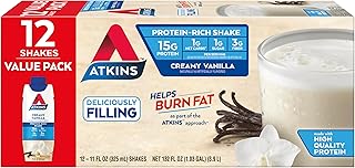 Atkins Creamy Vanilla Protein Shake, 15g Protein, Low Glycemic, 2g Net Carb, 1g Sugar, Keto Friendly, 12 Count