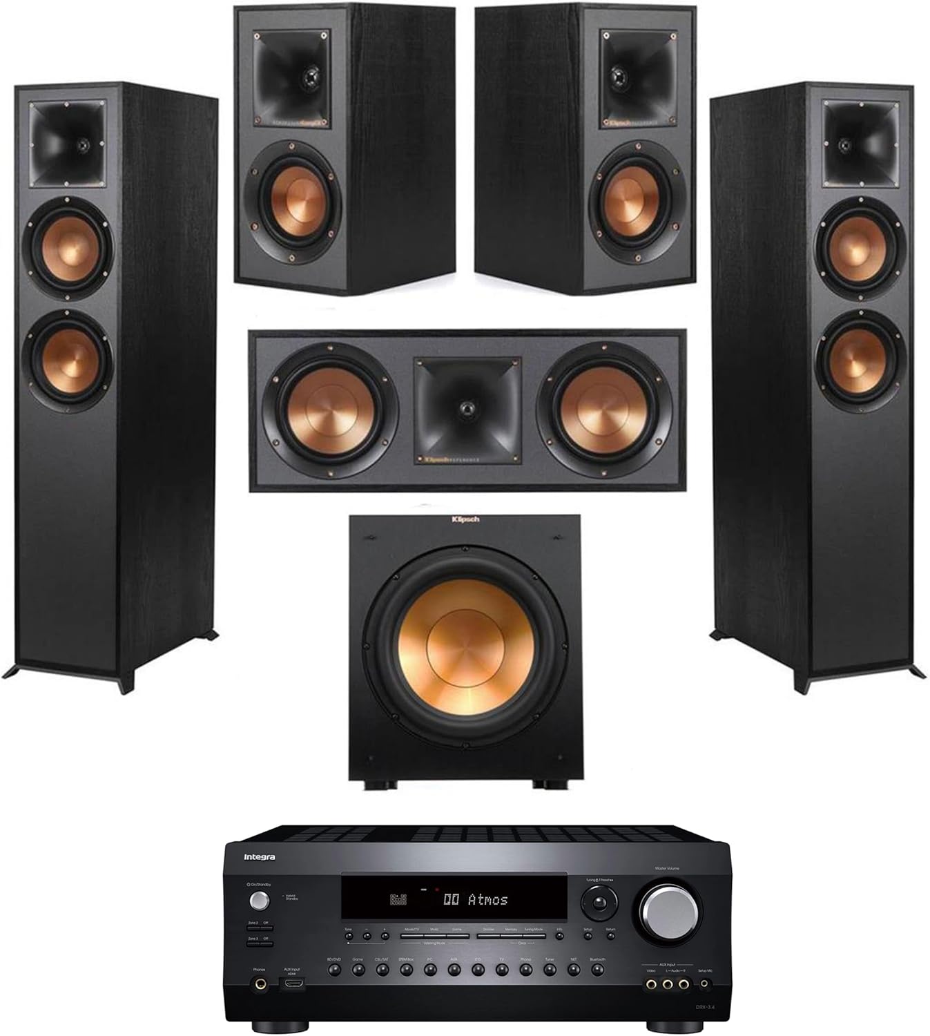Klipsch Reference 5.1 Home Theater System with 2X R-625FA Floorstanding Speaker, R-12SW Subwoofer, R-52C Center Channel, R-41M Bookshelf Speaker and Integra DRX 3.4 100W 9.2-Channel Receiver