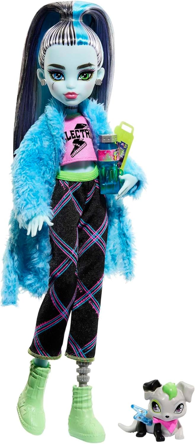 Monster High Creepover Party Doll, Frankie Stein with Pet Dog Watzie, Sleepover Clothes & Accessories like Pillow & Furry Robe