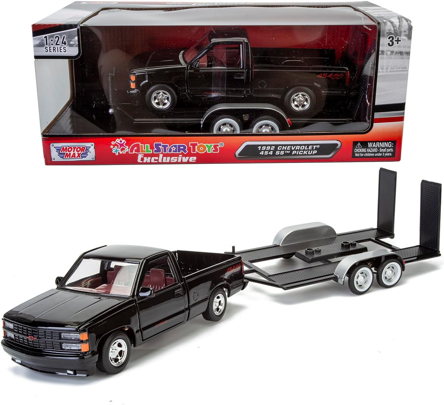 All Star Toys 1992 Chevrolet C1500 454SS, Black with Red Interior, and Towing Trailer, 1:24 Diecast Model Silverado, 454 SS Motormax 73203/76001