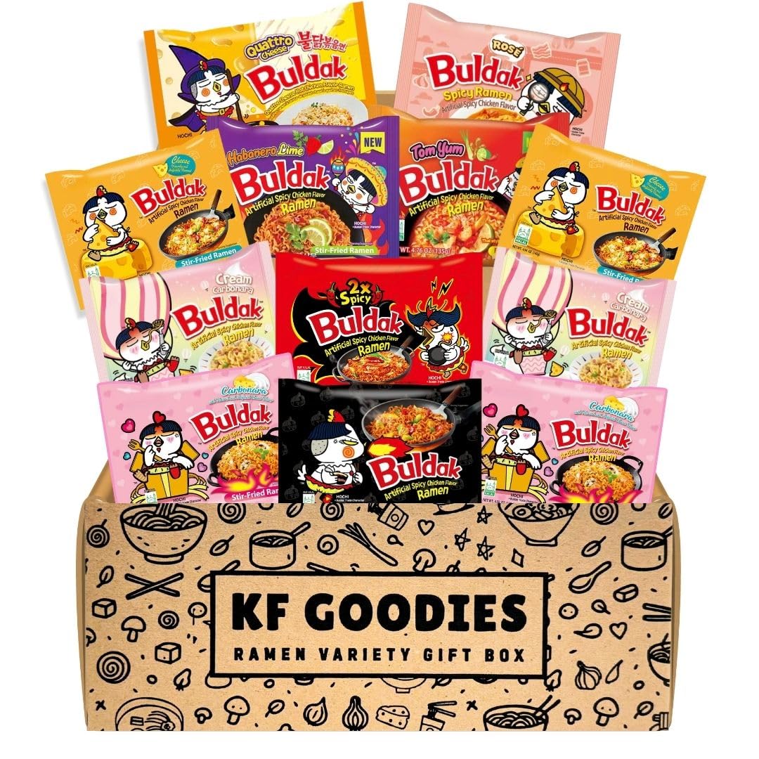KF GOODIES Korean Ramen Variety Pack Gift Box (12 Count) - Spicy Buldak Noodle Assortment for Birthdays, College Care Packages and Gift Baskets