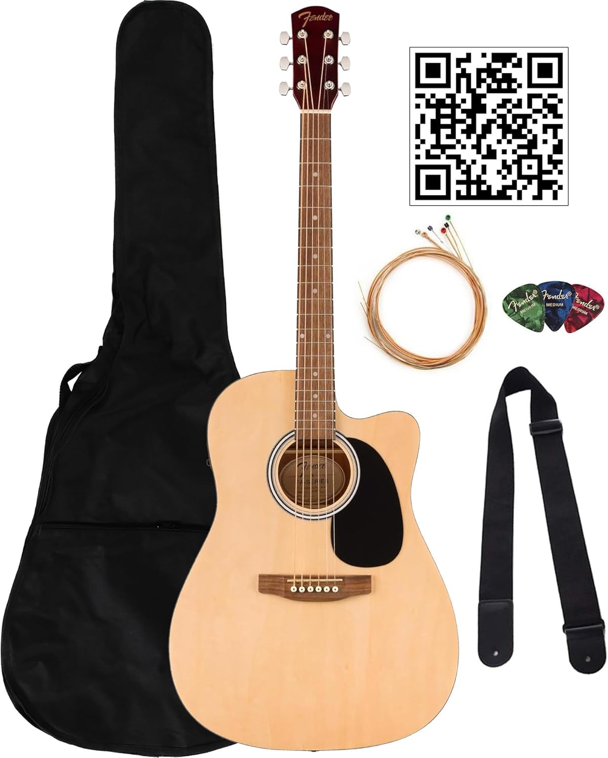 Fender Dreadnought Acoustic-Electric Guitar - Natural Bundle with Gig Bag, Strap, Strings, Picks, and Austin Bazaar Instructional Video