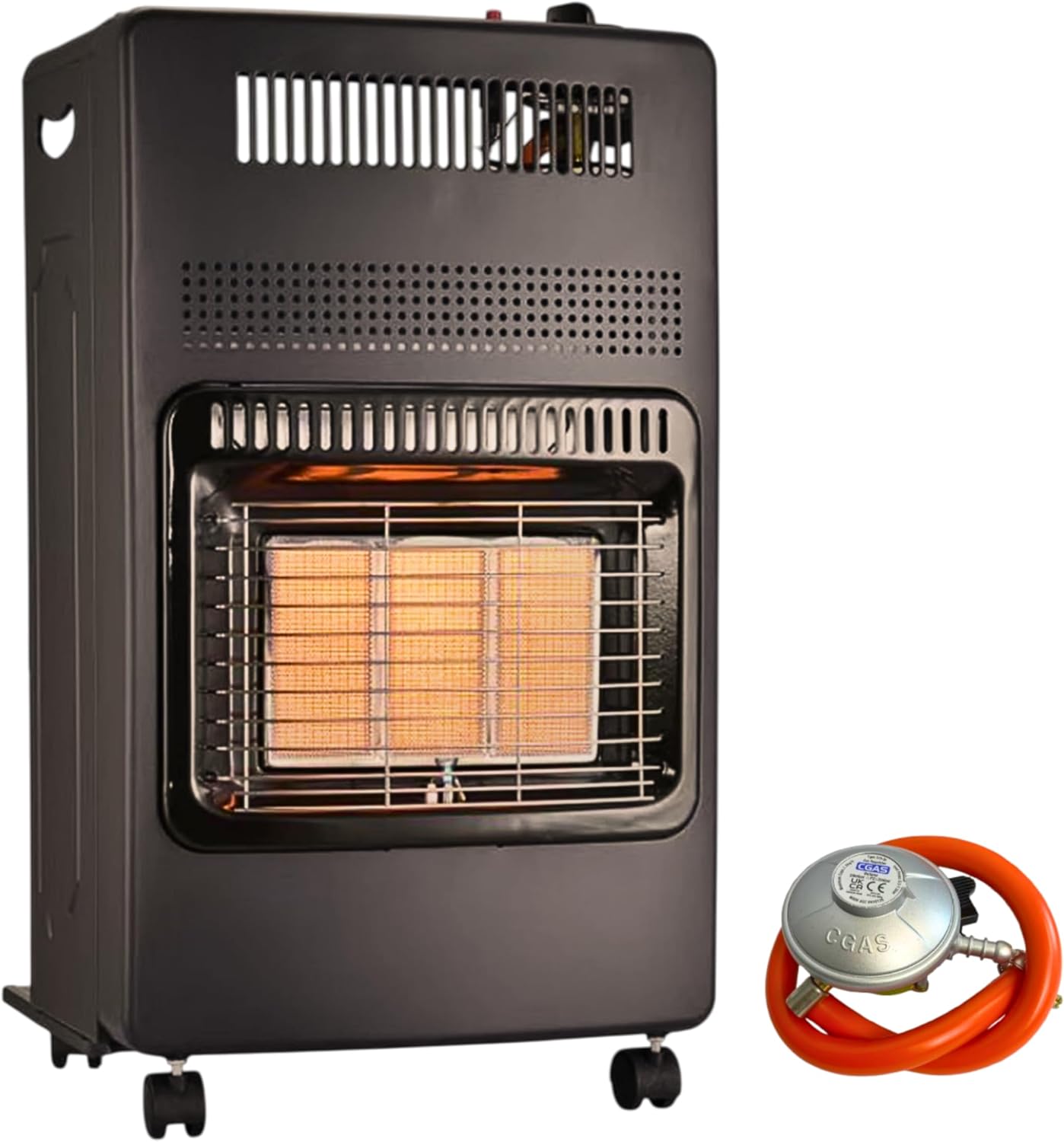 AMOS Portable Calor Gas Heater, 4.2KW, 3 Heat Settings, Foldable & Free-Standing with Wheels, Suitable for Indoor and Outdoor Use, Includes Regulator & Hose, Black