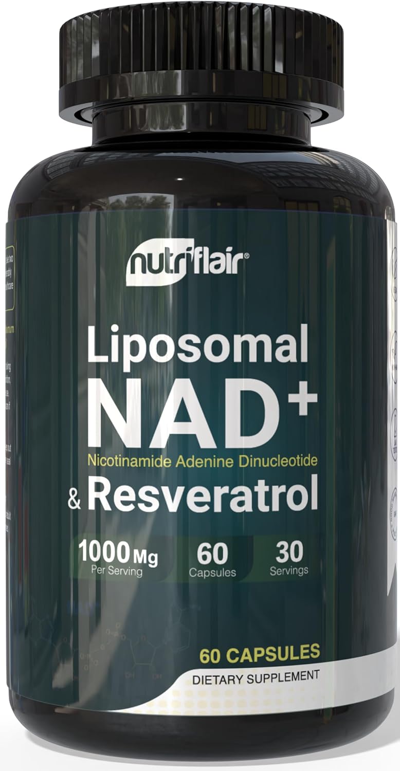 NutriFlair Liposomal NAD+ Supplement with Resveratrol 1000mg per Serving, 60 Capsules – High Absorption, Non-GMO, Made in USA