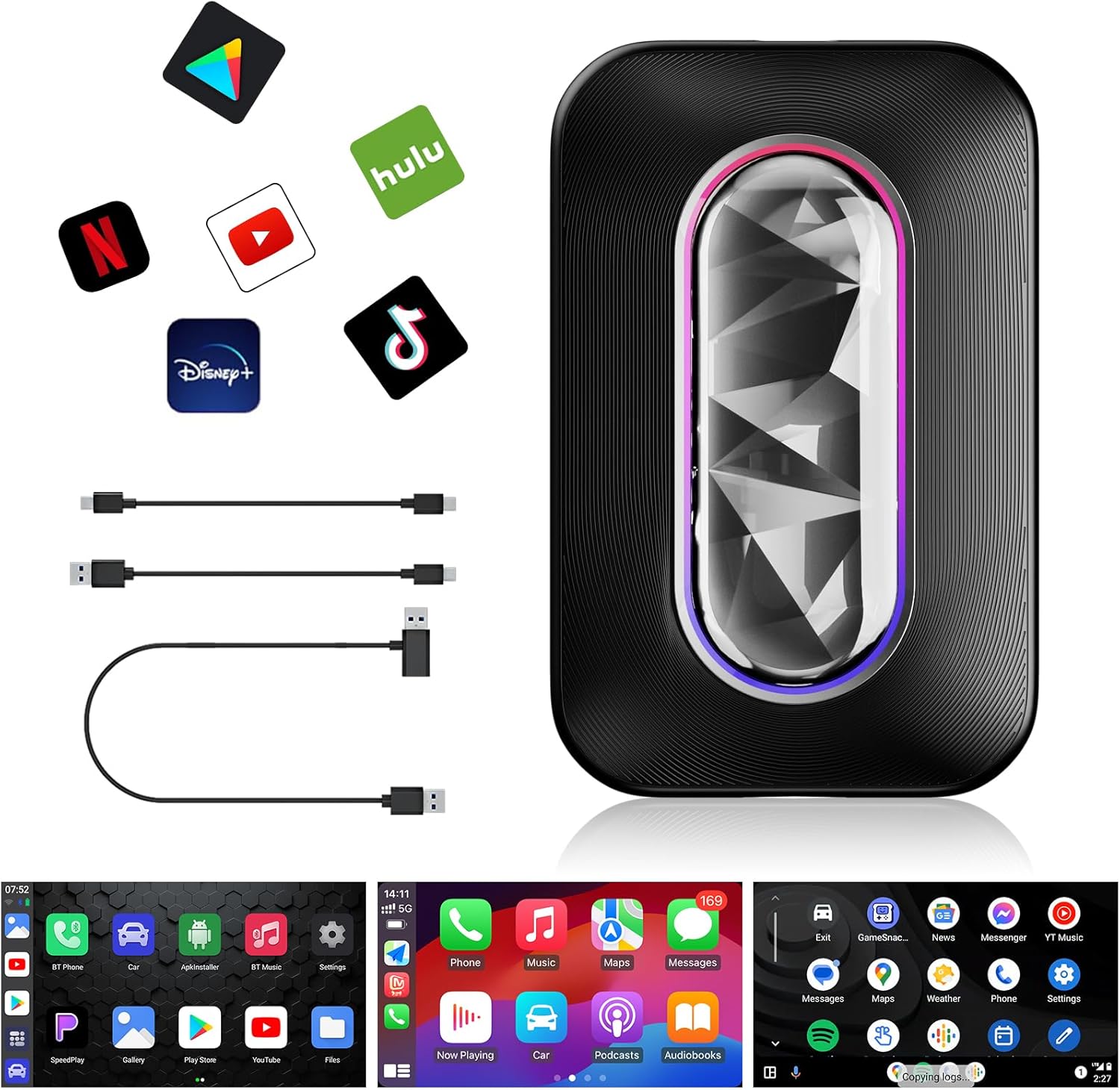 3 in 1 Wireless Carplay Adapter, Android 11.0 Wireless Adapter for Netflix/YouTube/TikTok, Carplay AI Box Wired to Wieless CarPlay & Android Auto, Fit for OEM Wired Carplay Cars (Black with Light)