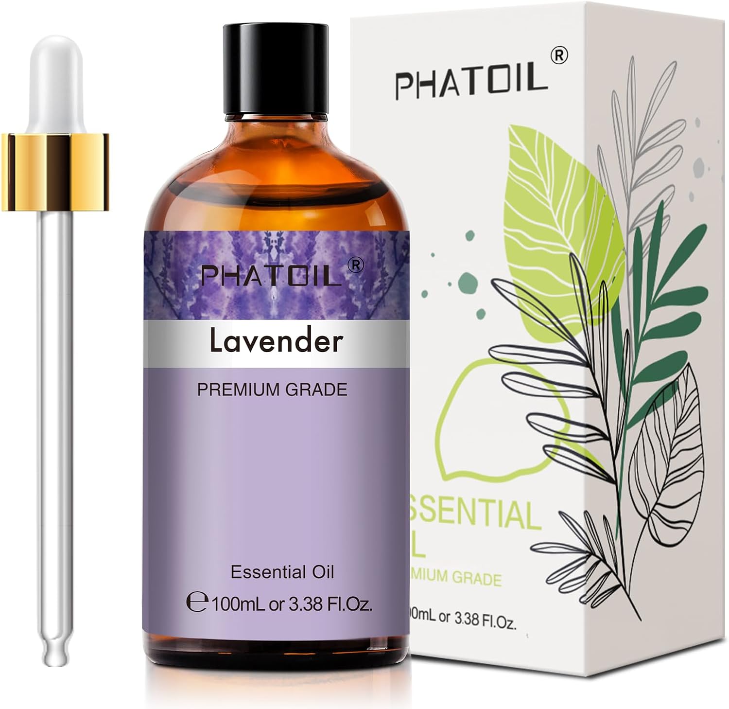 PHATOIL Lavender Essential Oil 100ml, 100% Natural & Pure Premium Graded Lavender Essential Oils for Diffusers, Humidifiers, Aromatherapy, Skin Hair Care and Candle Soap Making