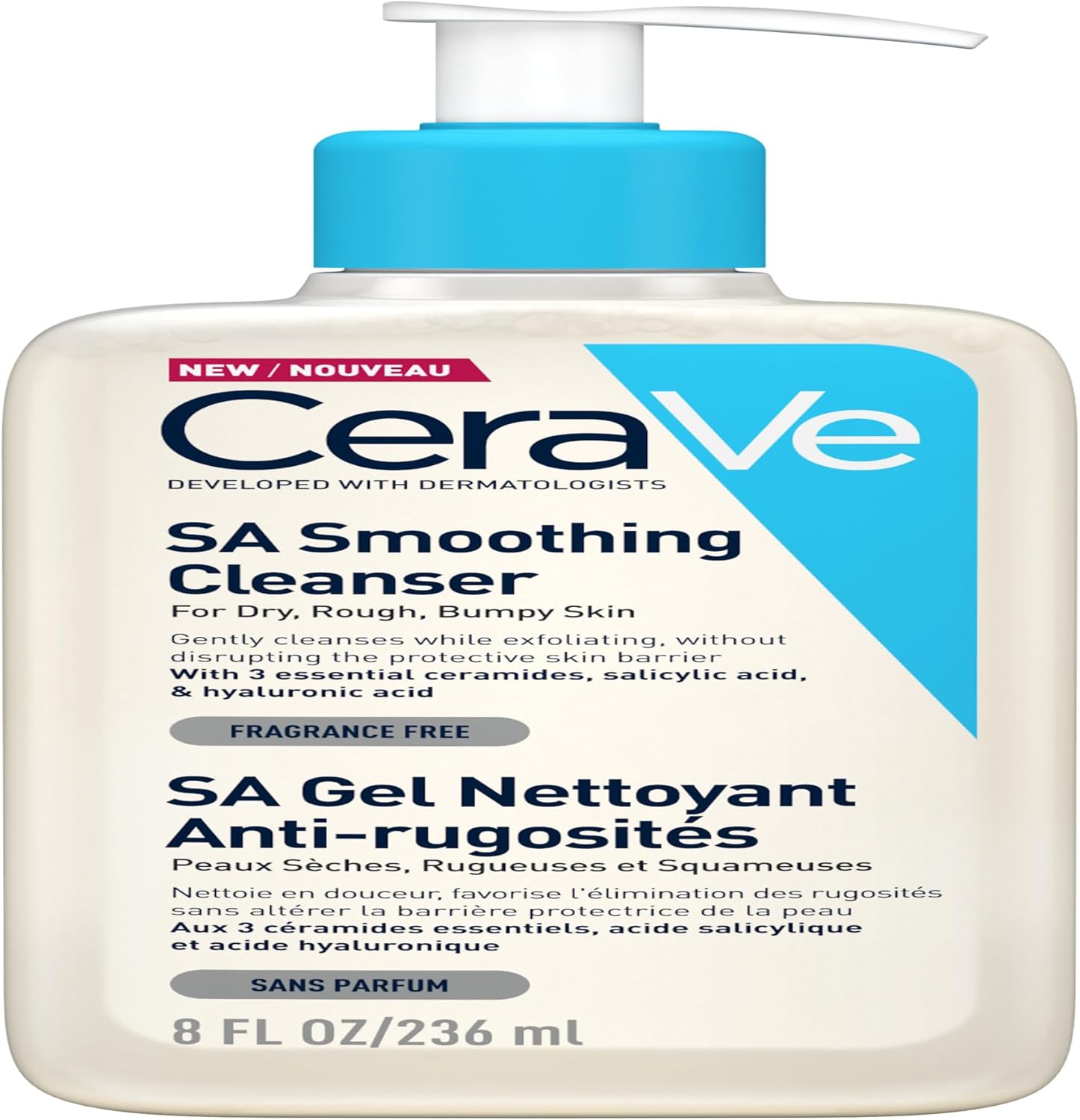 CeraVe SA Smoothing Cleanser with Salicylic Acid, 3 Essential Ceramides & Hyaluronic Acid for Dry, For Rough & Bumpy Skin, Developed with Dermatologists, 236ml