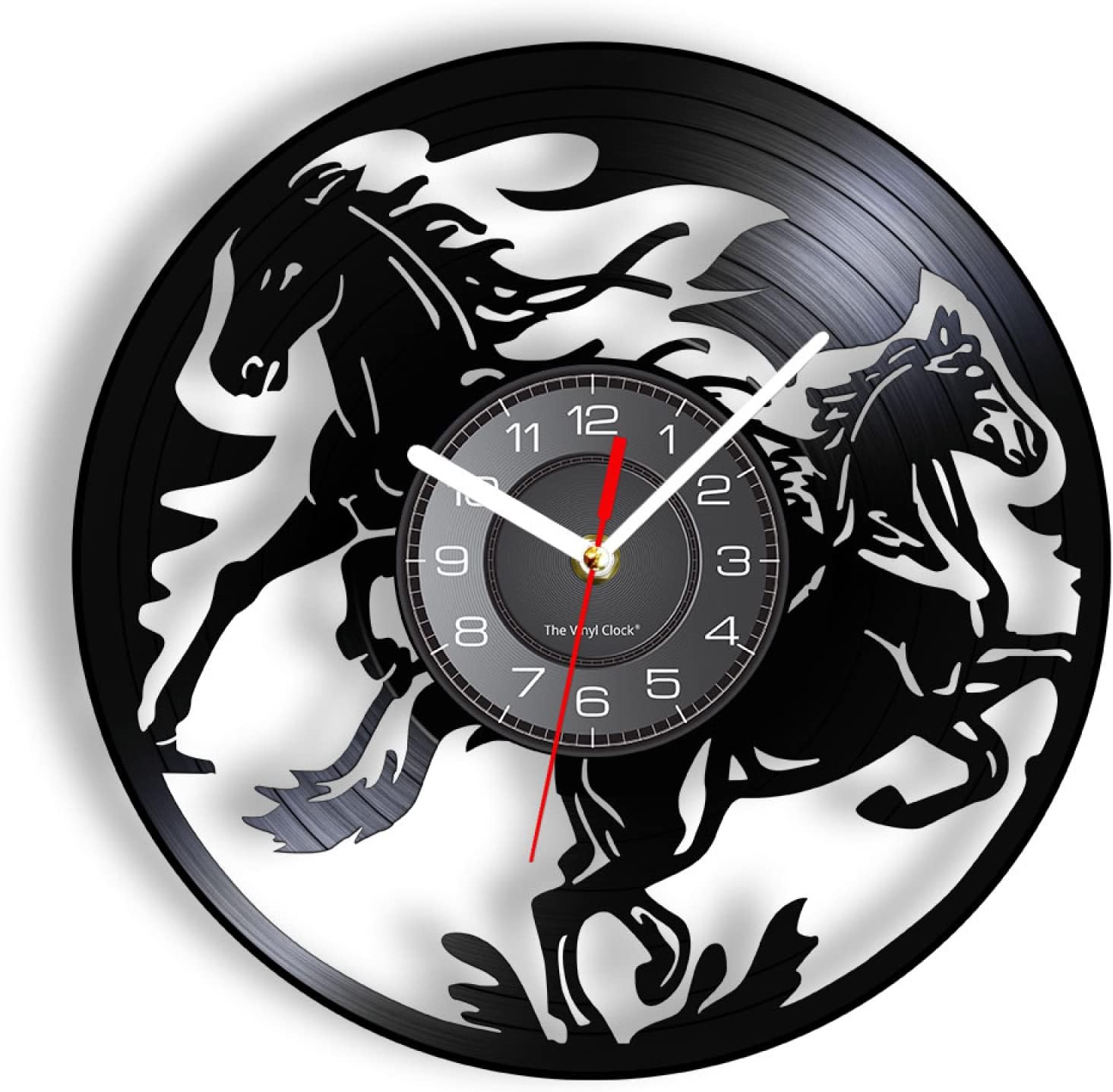 12 Inch Silent Non-Ticking Vinyl Record Decorative Wall Clock,Black Horses Equin Quartz Battery Operated Wall Clocks Wall Vinyl Black Decor for Kitchen Home Kid Room Living Room