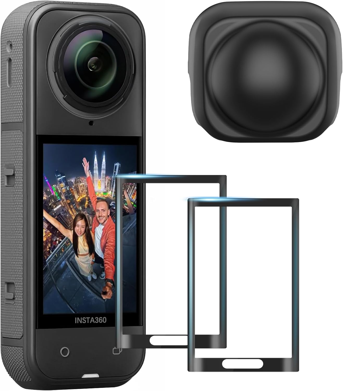 AMAZEAR Screen Protector and Lens Cap Combo for Insta360 X5 Accessories, Insta 360 X5 Tempered Glass Film Screen Cover (2Pack) and Silicone Lens Guards Protective Case Bundle Kit