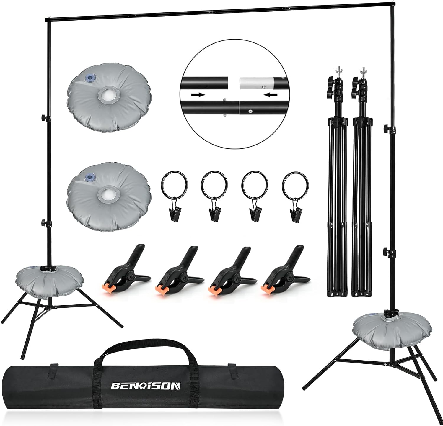 Backdrop Stand - 10x7ft(WxH) Photo Studio Adjustable Background Stand Support kit with 4 Crossbars, 8 Clips, 2 Waterbags and Carry Bag for Parties, Events Decoration, Wedding, Photography