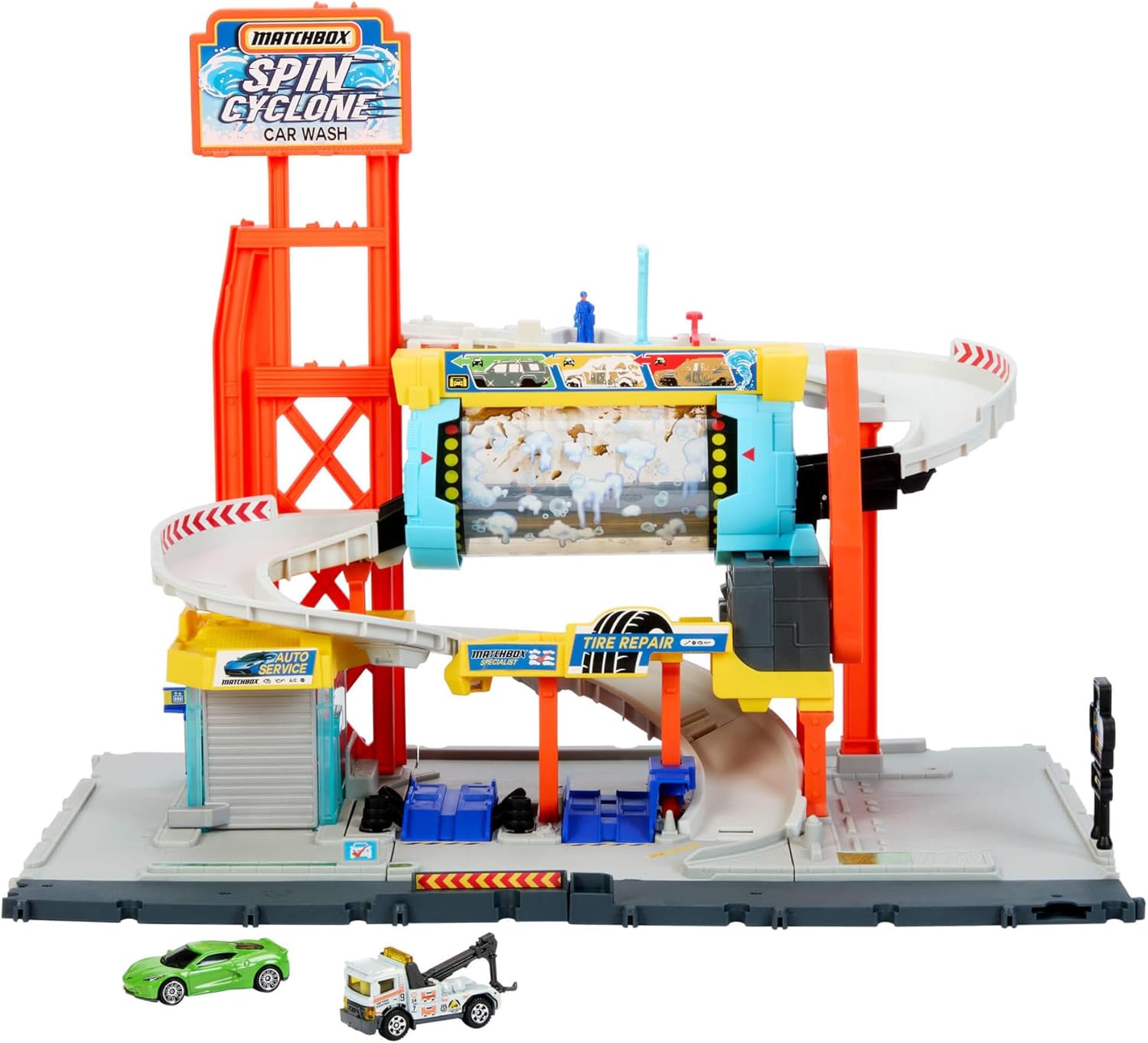 Matchbox Toy Car Track Set, Spin Cyclone Car Wash Playset with 1:64 Scale Corvette & Tow Truck, Features Spinning Wash Tunnel, Tune-Up Shop & Parking, JGB68