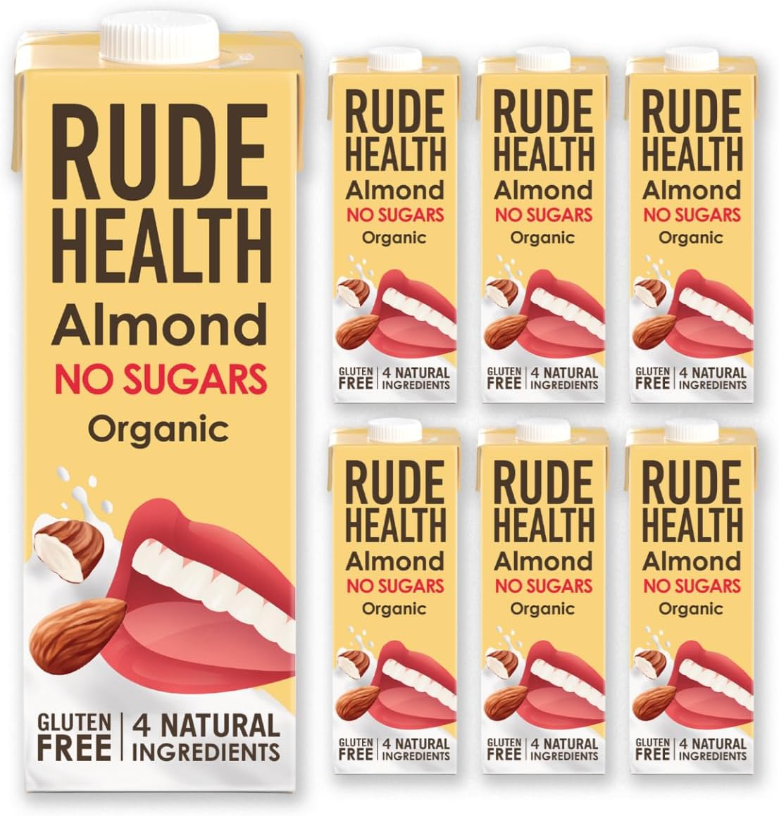 Rude Health 6 x 1 Litre Organic No Sugars Almond Dairy-Alt Milk, 100% Natural Organic Drink, Lactose Free, Dairy Free & Gluten-Free, No Sugars, Award-Winning, Healthy & Vegan