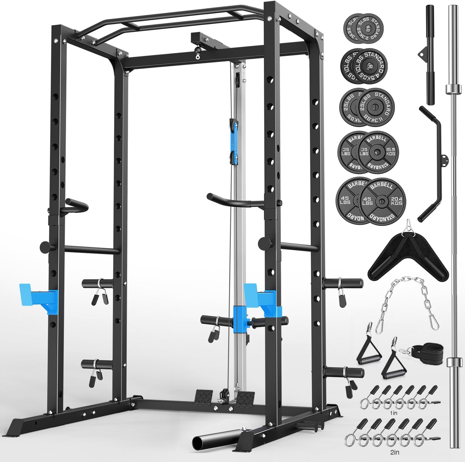 Power Cage, Multi-Functional Power Rack with J-Hooks, Dip Handles, Landmine Attachment and Optional Cable Pulley System for Home Gym