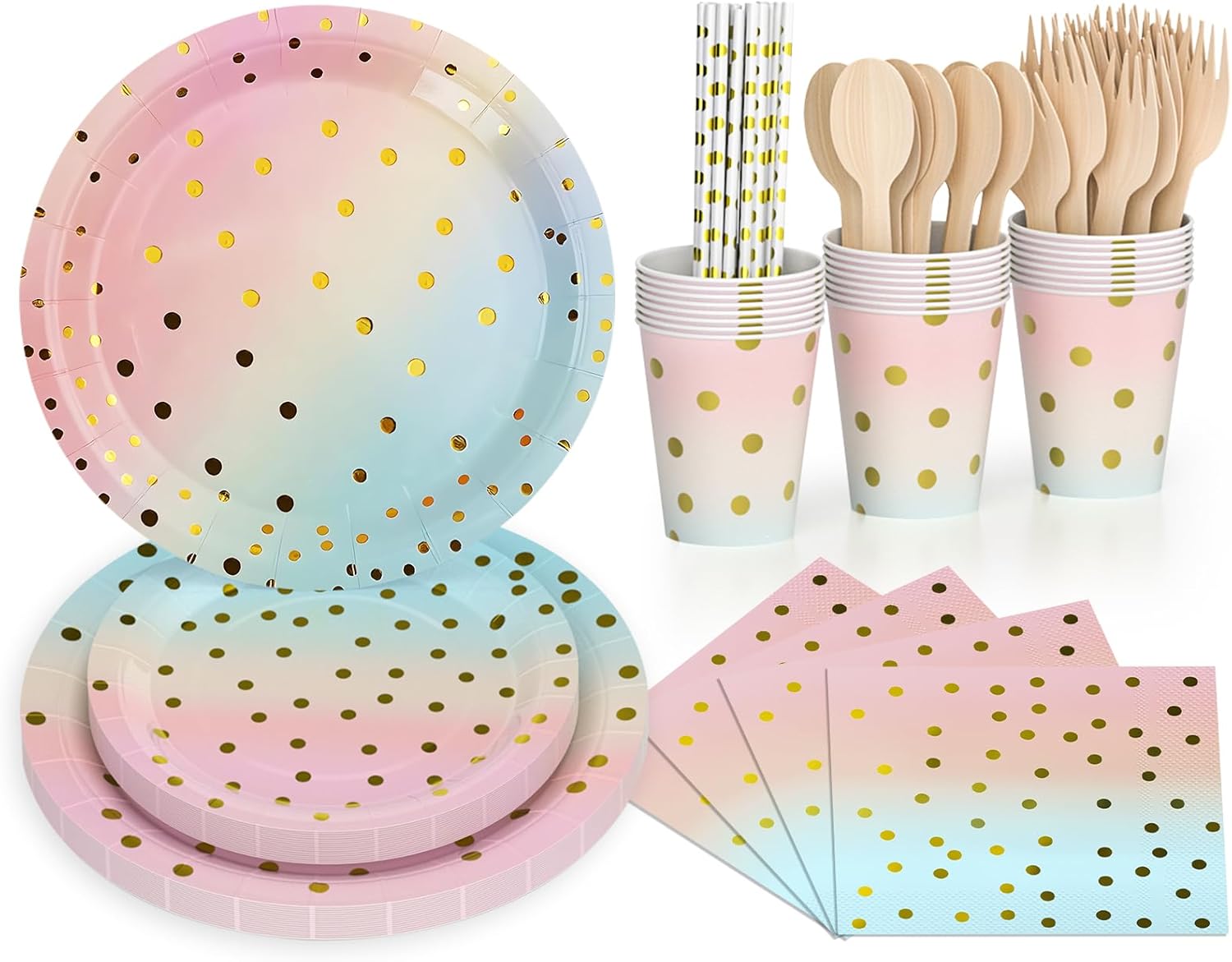 Dn Dennov 168PCS Pink and Gold-Pastel Supplies, Serves 24 Disposable Dinnerware Set with Paper Plates, Cups, Napkins, Straws, Wooden Forks & Spoons for Wedding, Christmas (Trompe L'Oeil Gold)