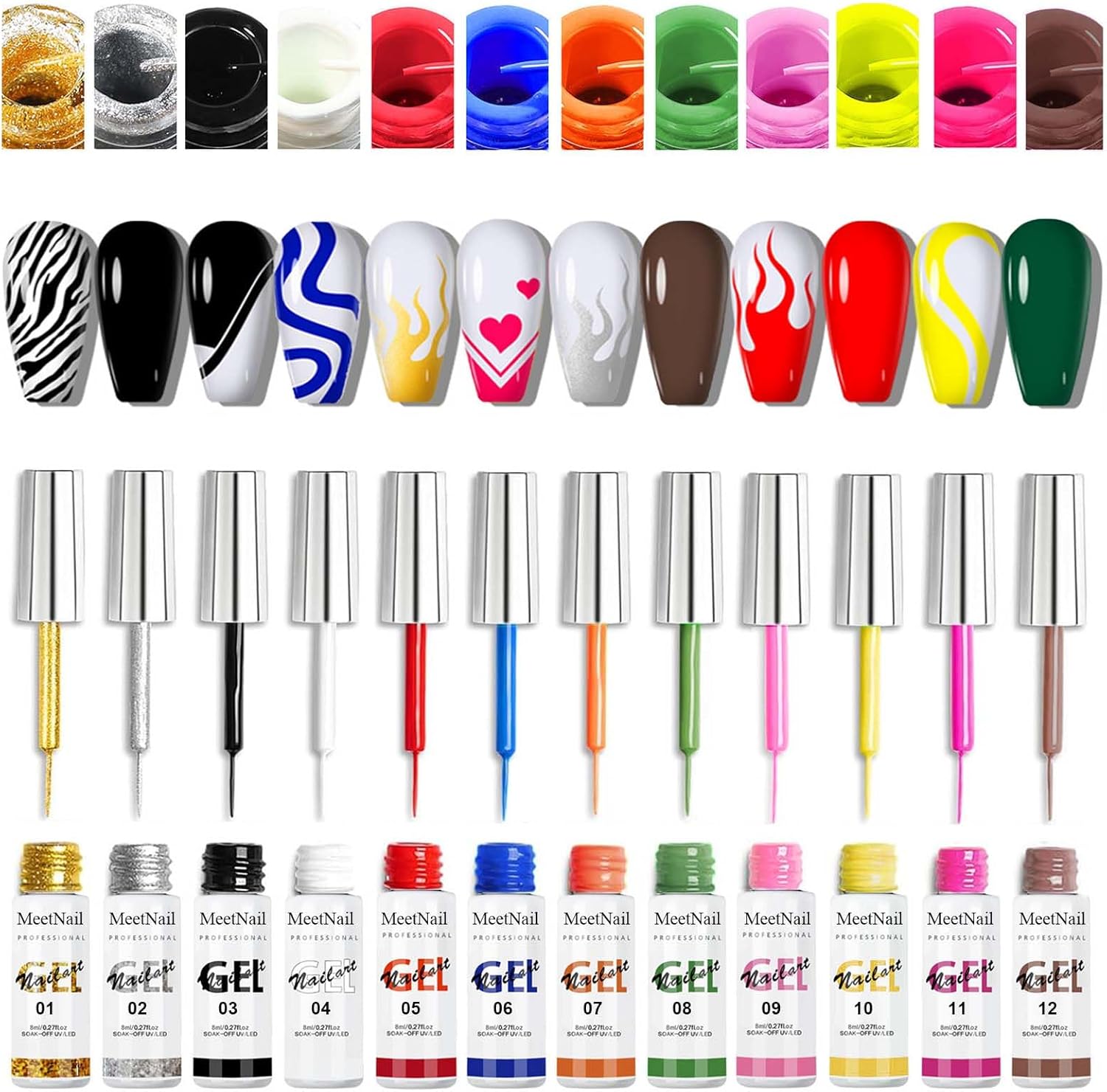 Gel Liner Nail Art Kit - 12 Color Polish for French Manicure and Painted Design - Built-In Thin Brush for Swirl Draw